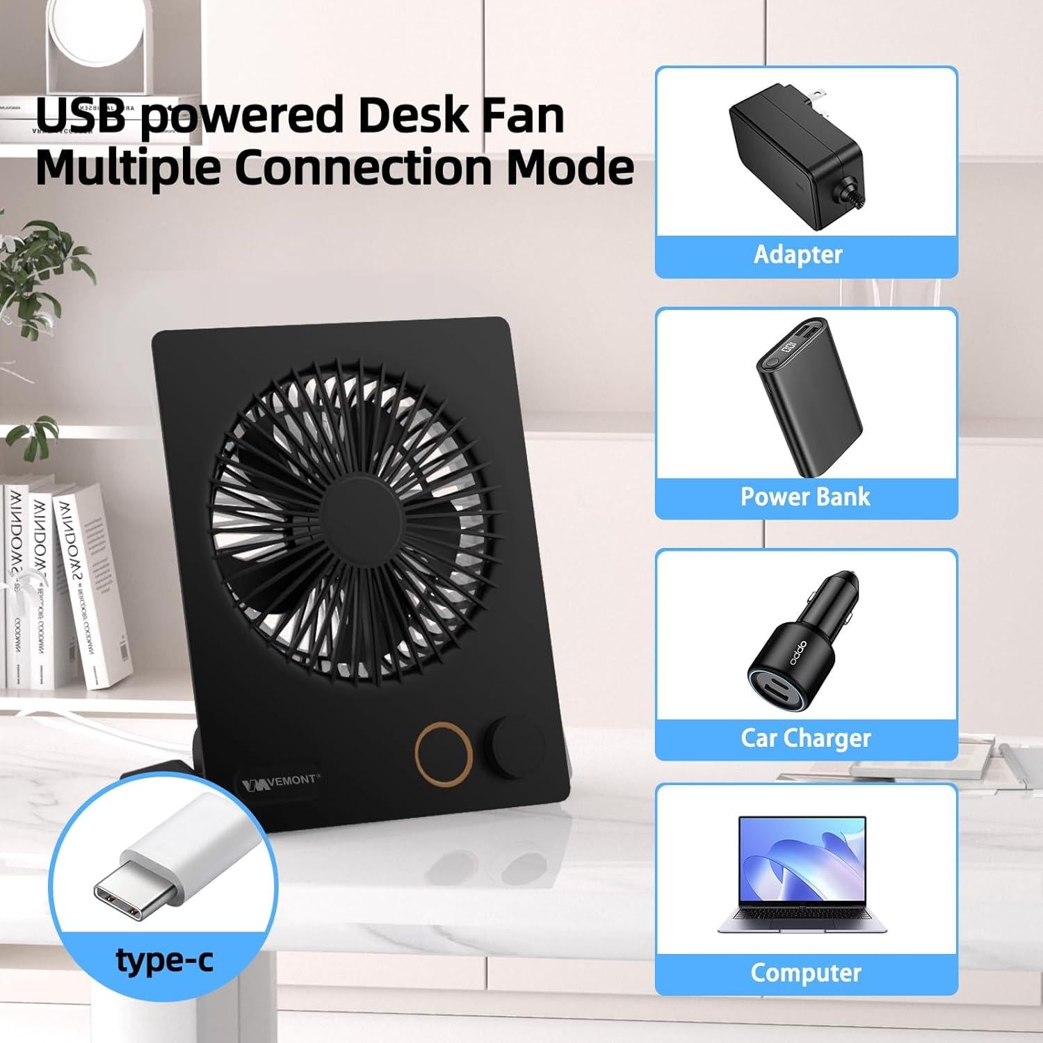 Ventilador de Mesa USB VEMONT Recargable 5000mAh Silencioso