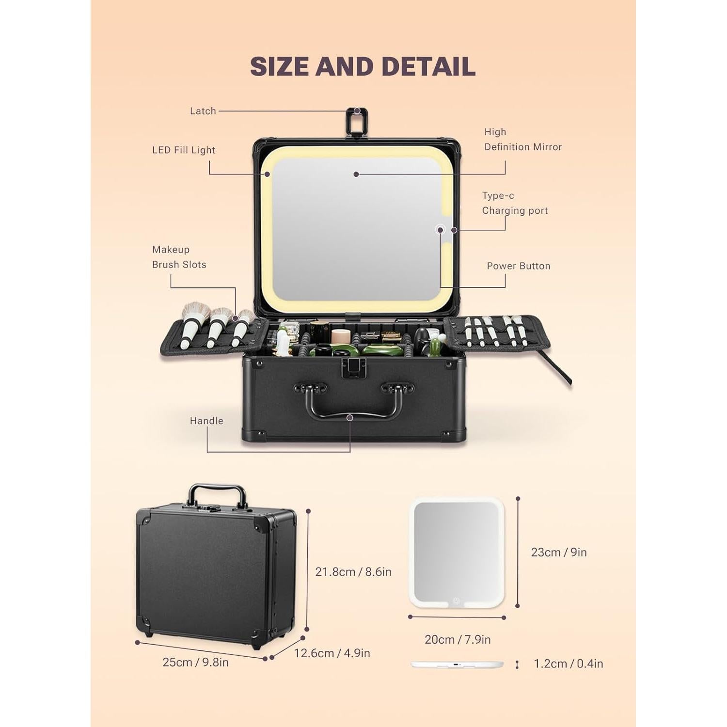 Estuche de Maquillaje Qislee con Espejo LED Desmontable Negro