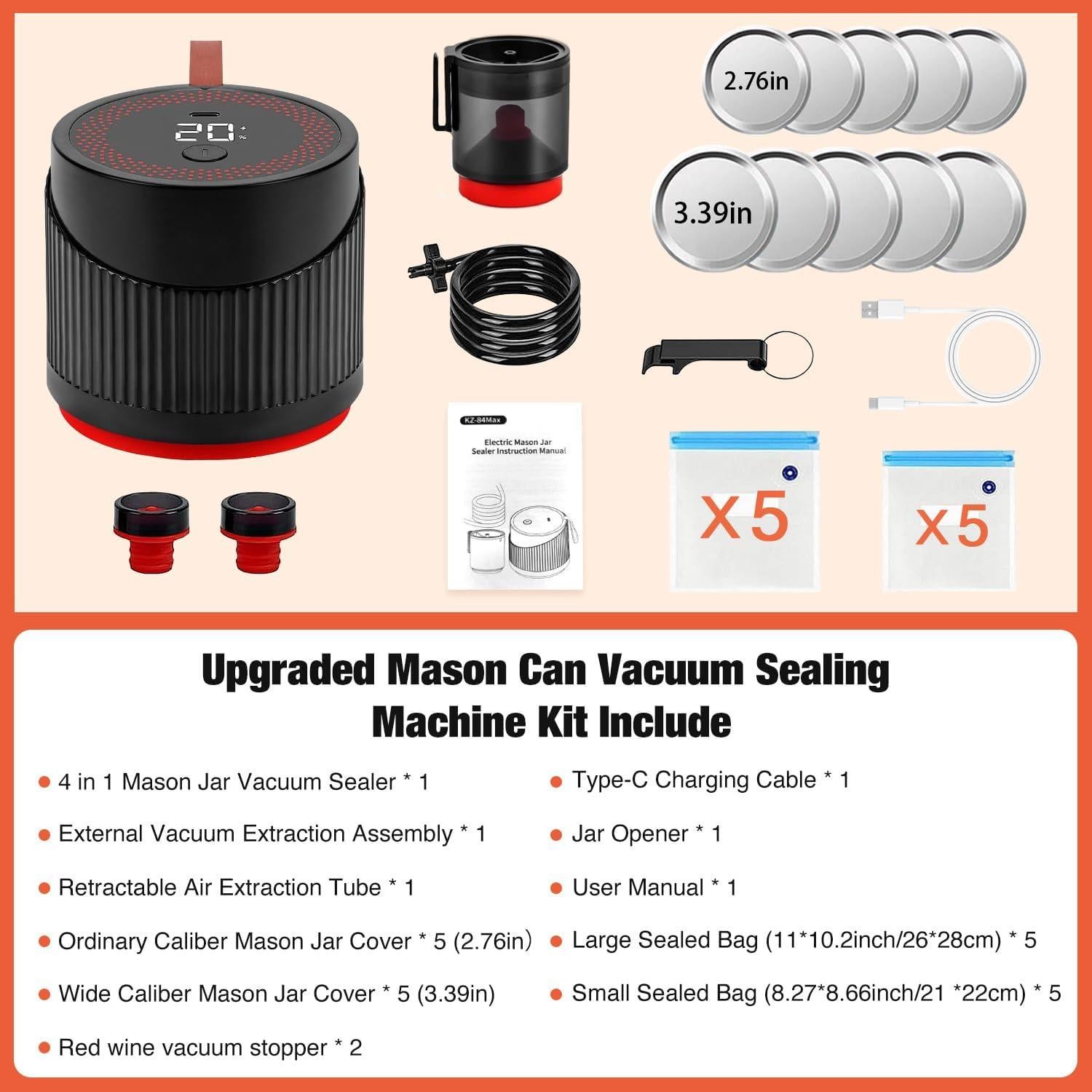 Kit Sellador al Vacío Eléctrico ZenTong 4 en 1 para Tarros Mason