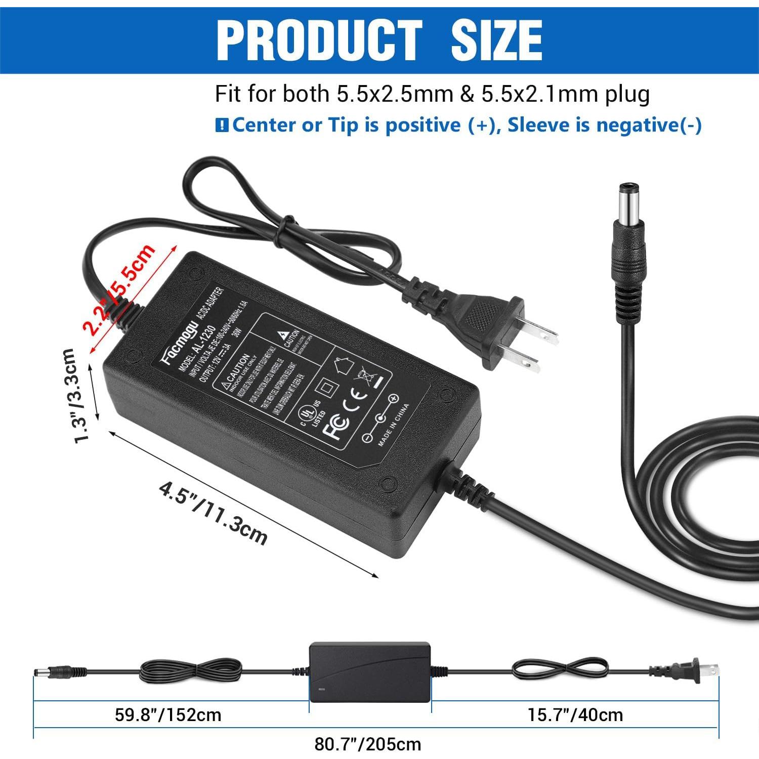Adaptador de Corriente Facmogu 12V 3A 36W con Conector 5.5x2.5mm