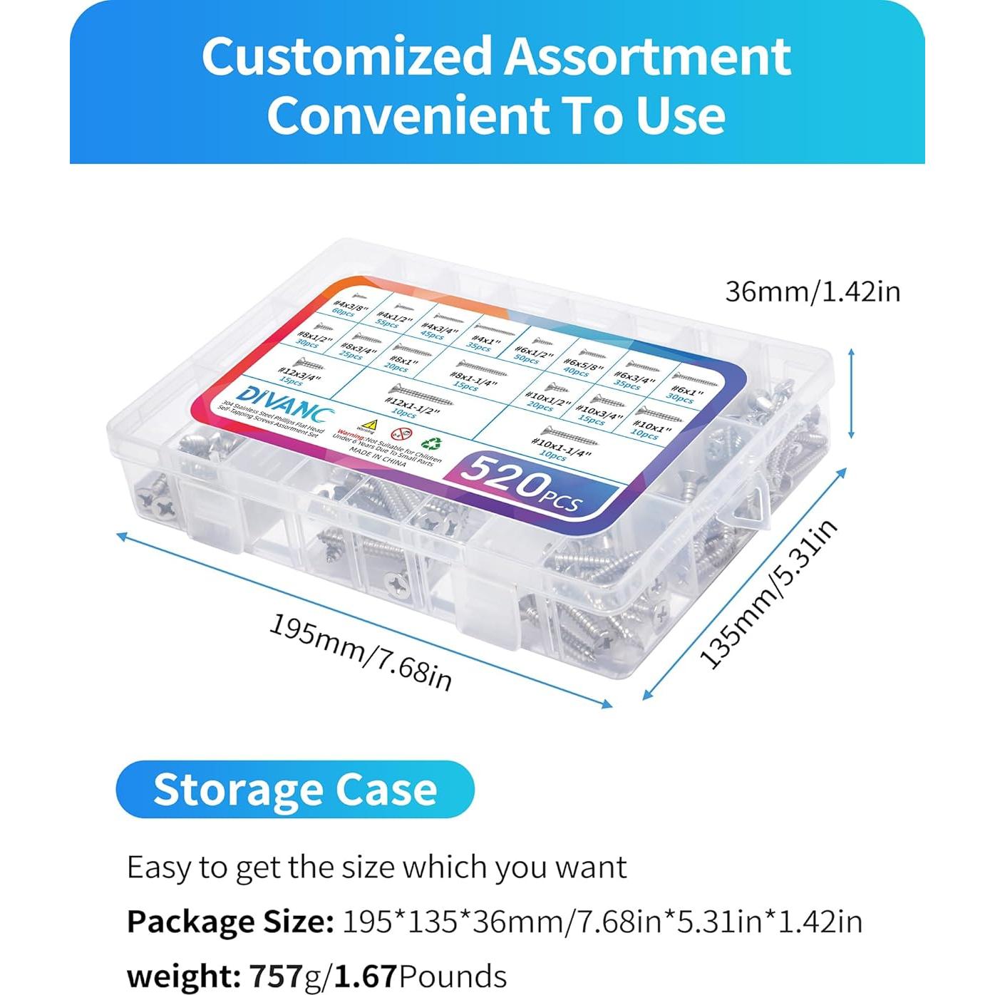 Conjunto de Tornillos de Madera DIVANC 520 Pcs Acero Inoxidable