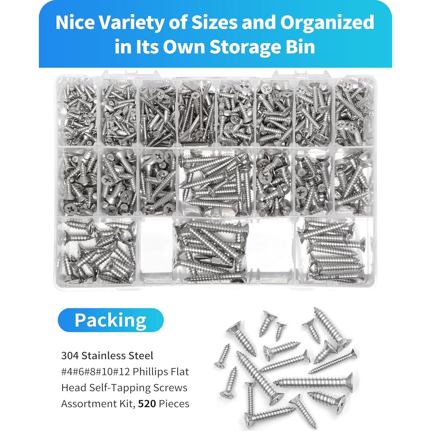 Conjunto de Tornillos de Madera DIVANC 520 Pcs Acero Inoxidable