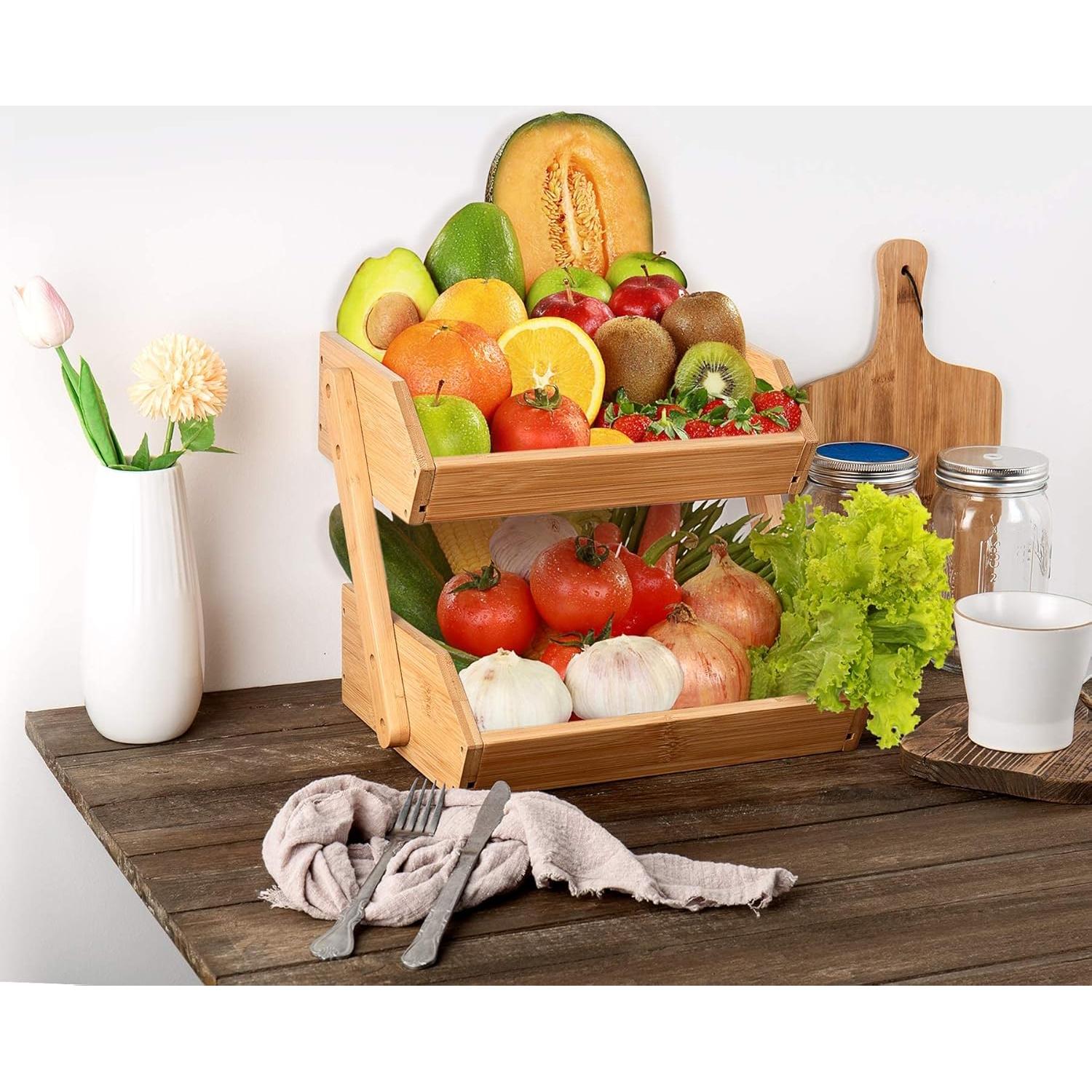 Soporte de Frutas de 2 Niveles Merysen - Cesta de Bambú para Cocina