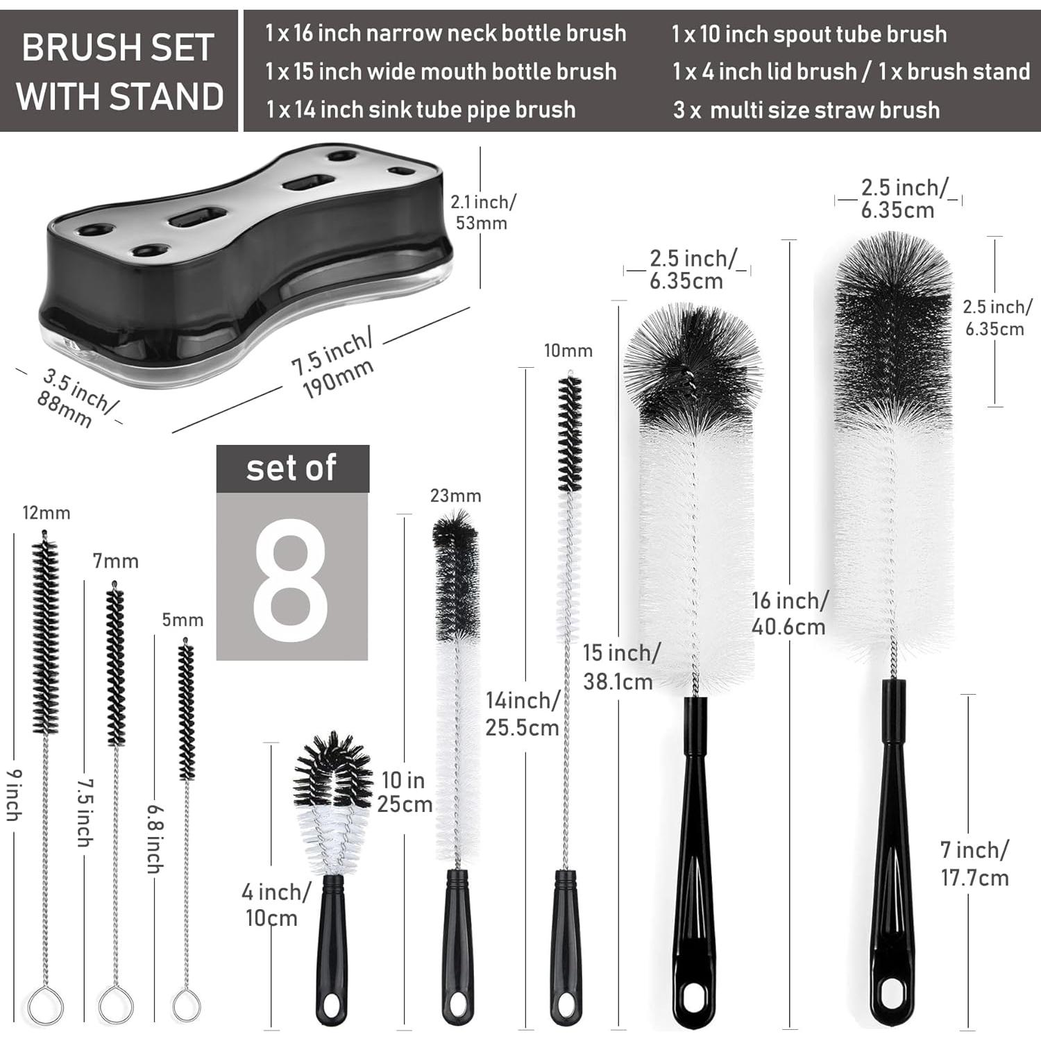 ALINK Juego de 8 Cepillos de Botellas con Soporte Negro