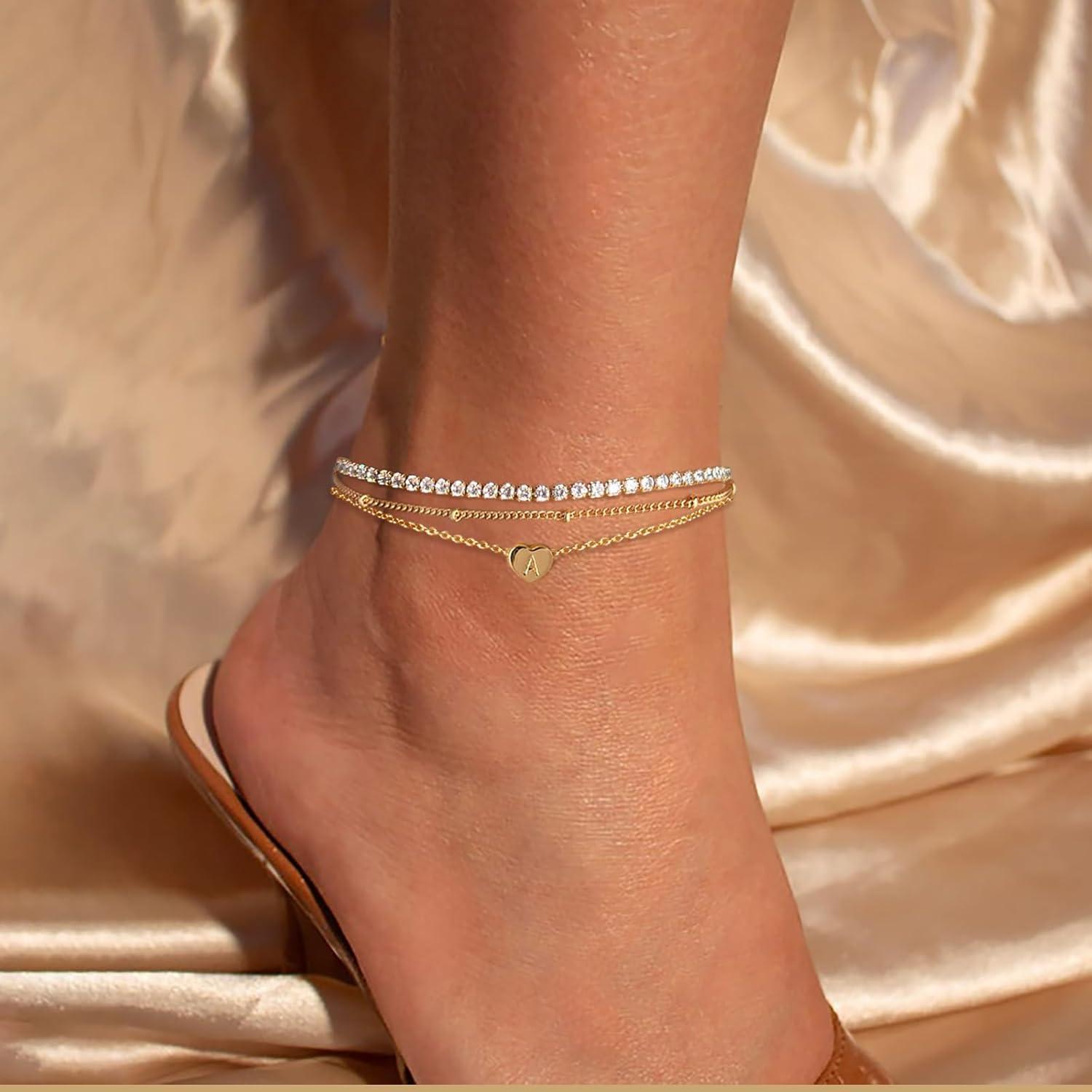 Brazaletes de Tobillo Iniciales YANODA para Mujeres Oro 14K