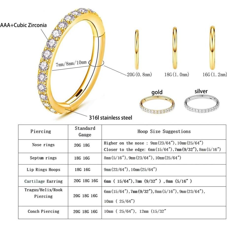 3 Aros de Nariz 16G Oro Acero Quirúrgico 8mm Segmentados