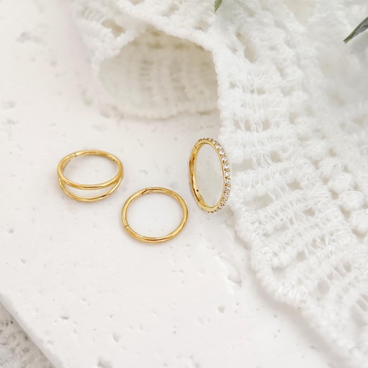 3 Aros de Nariz 16G Oro Acero Quirúrgico 8mm Segmentados