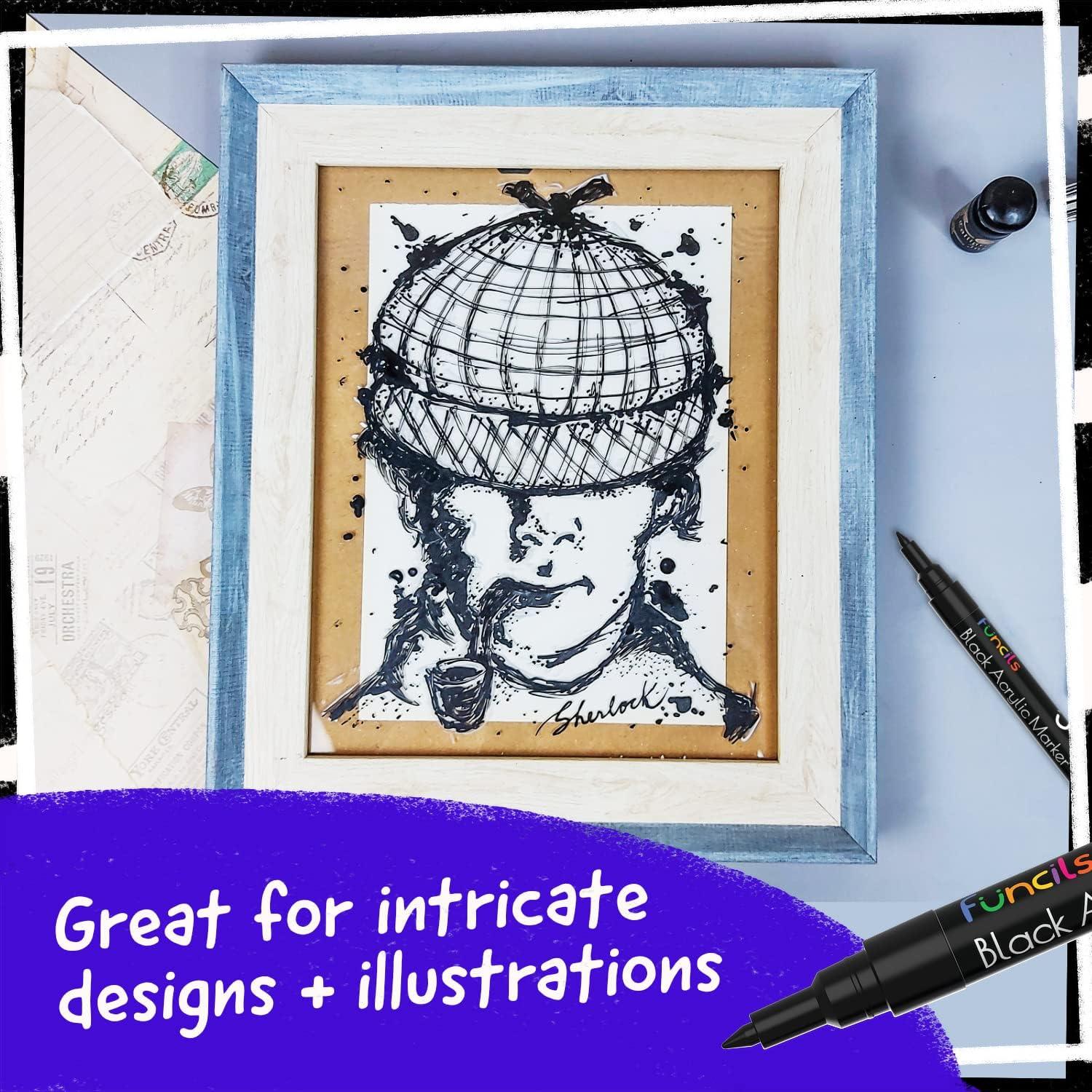 Set de 5 Marcadores de Pintura Acrílica Negra Funcils - Punta Fina 1mm a 15mm