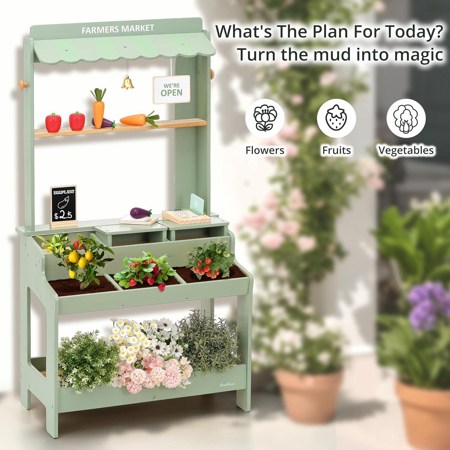 Parada de Mercado de Madera PairPear Verde 2 en 1 con Accesorios