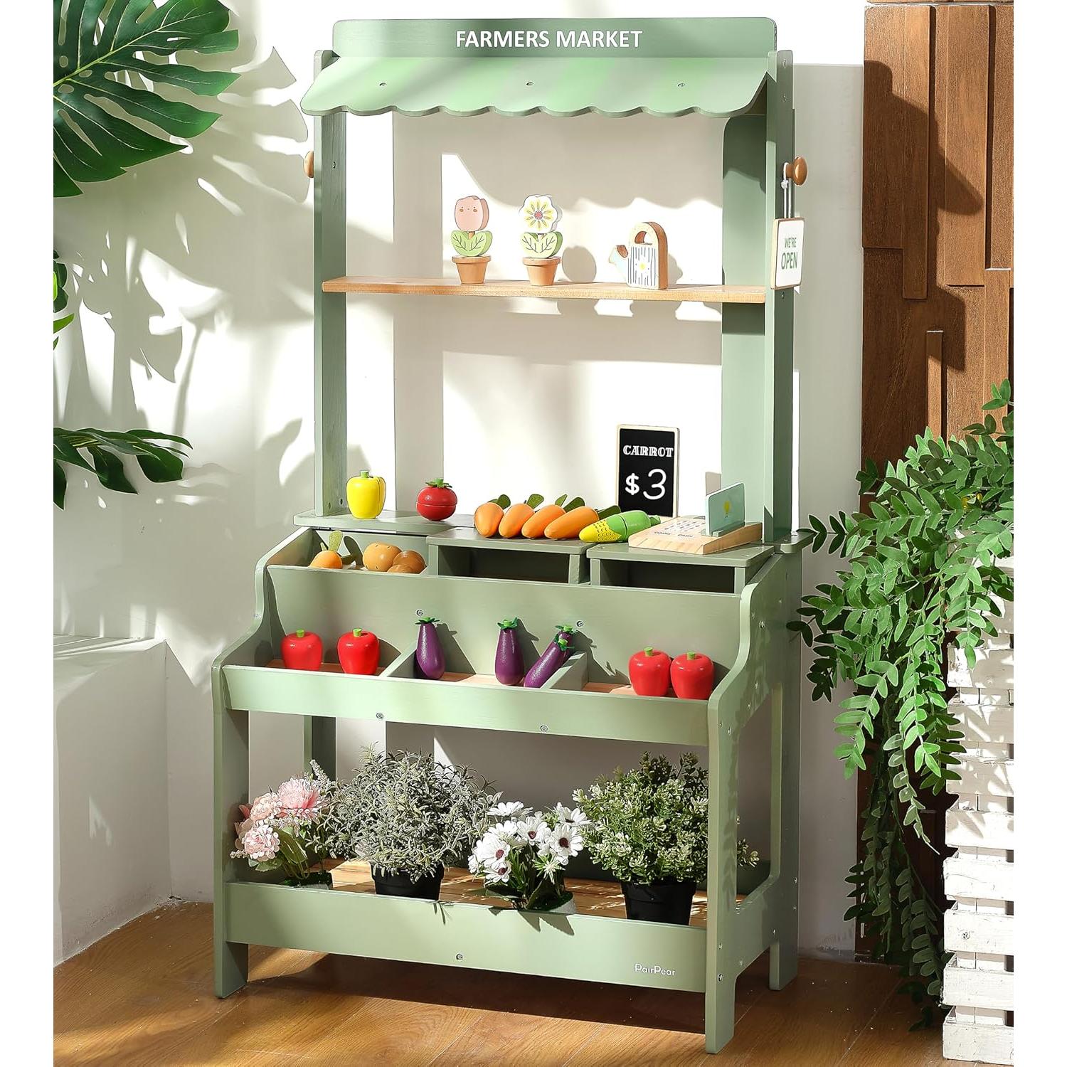 Parada de Mercado de Madera PairPear Verde 2 en 1 con Accesorios