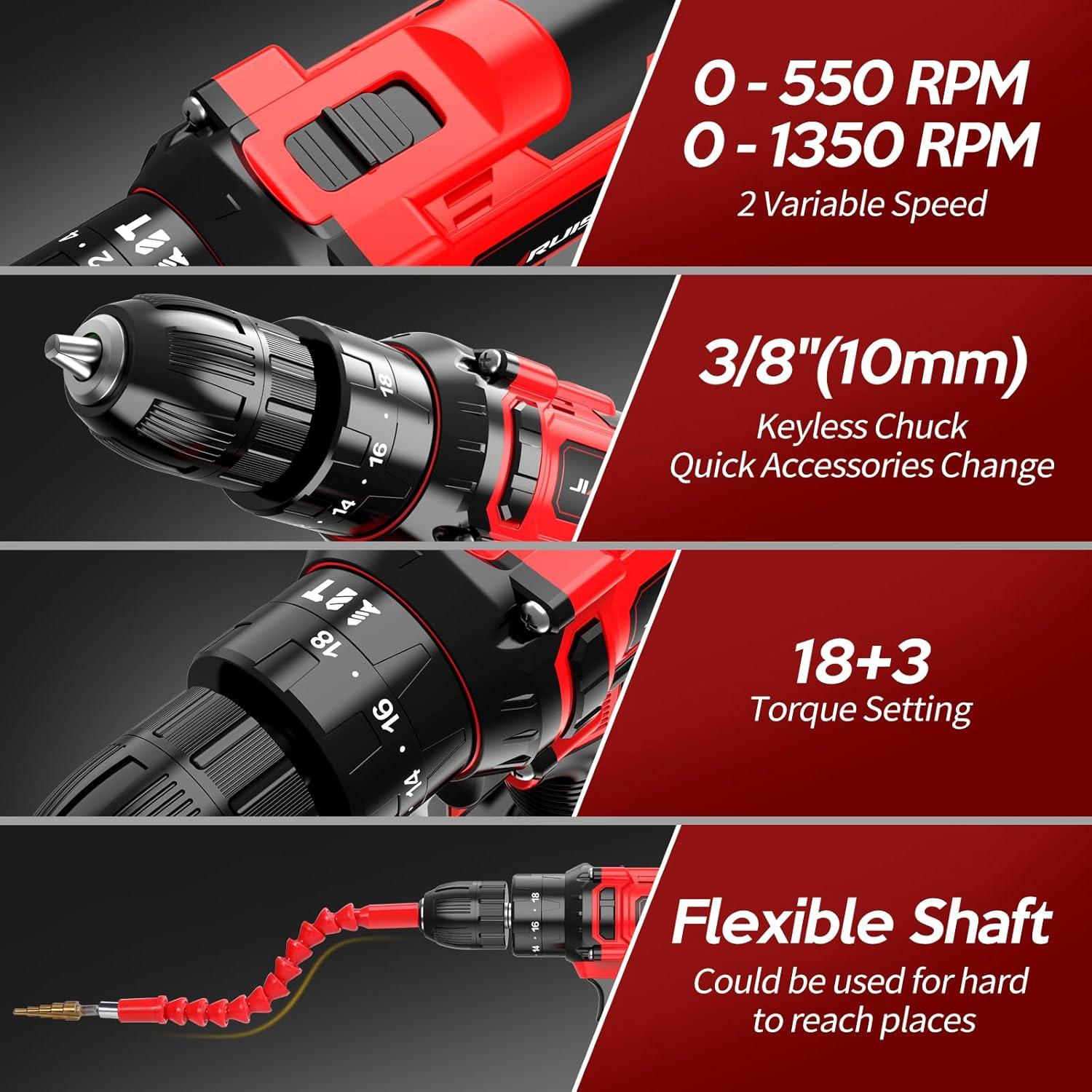 Taladro Inalámbrico JIARUISI 20V con 72 Accesorios y Luz LED