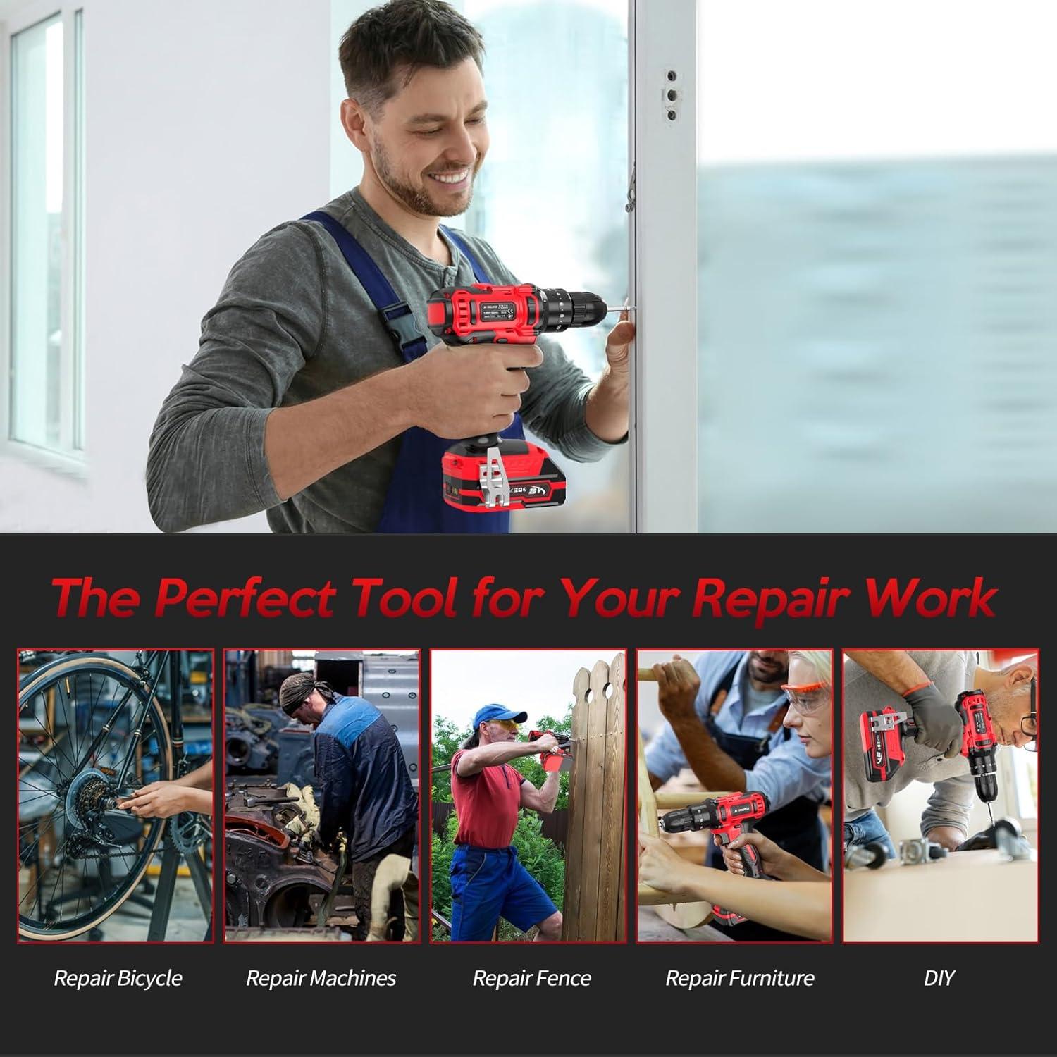 Taladro Inalámbrico JIARUISI 20V con 72 Accesorios y Luz LED