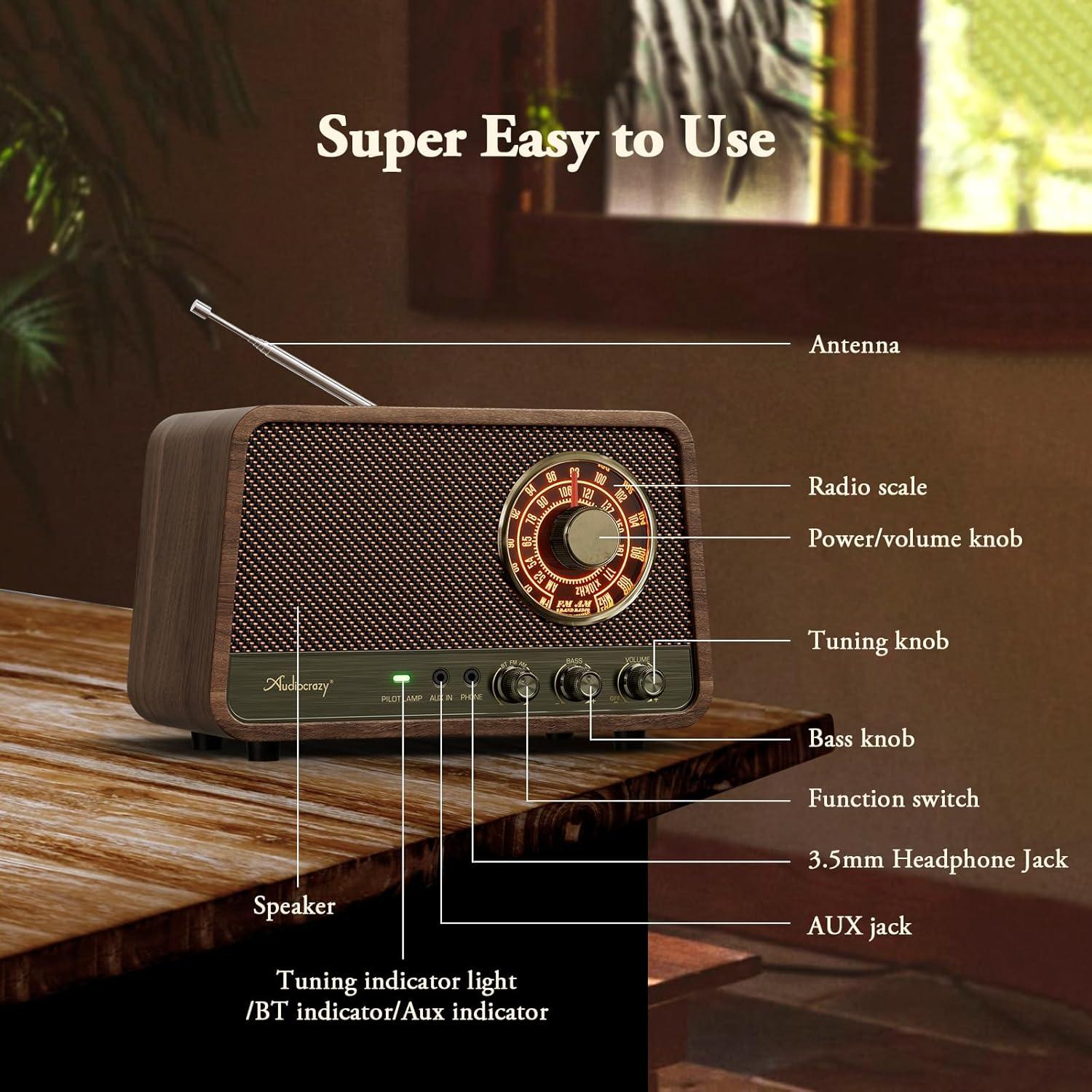 Radio AM FM Audiocrazy Vintage Madera Bluetooth 10W
