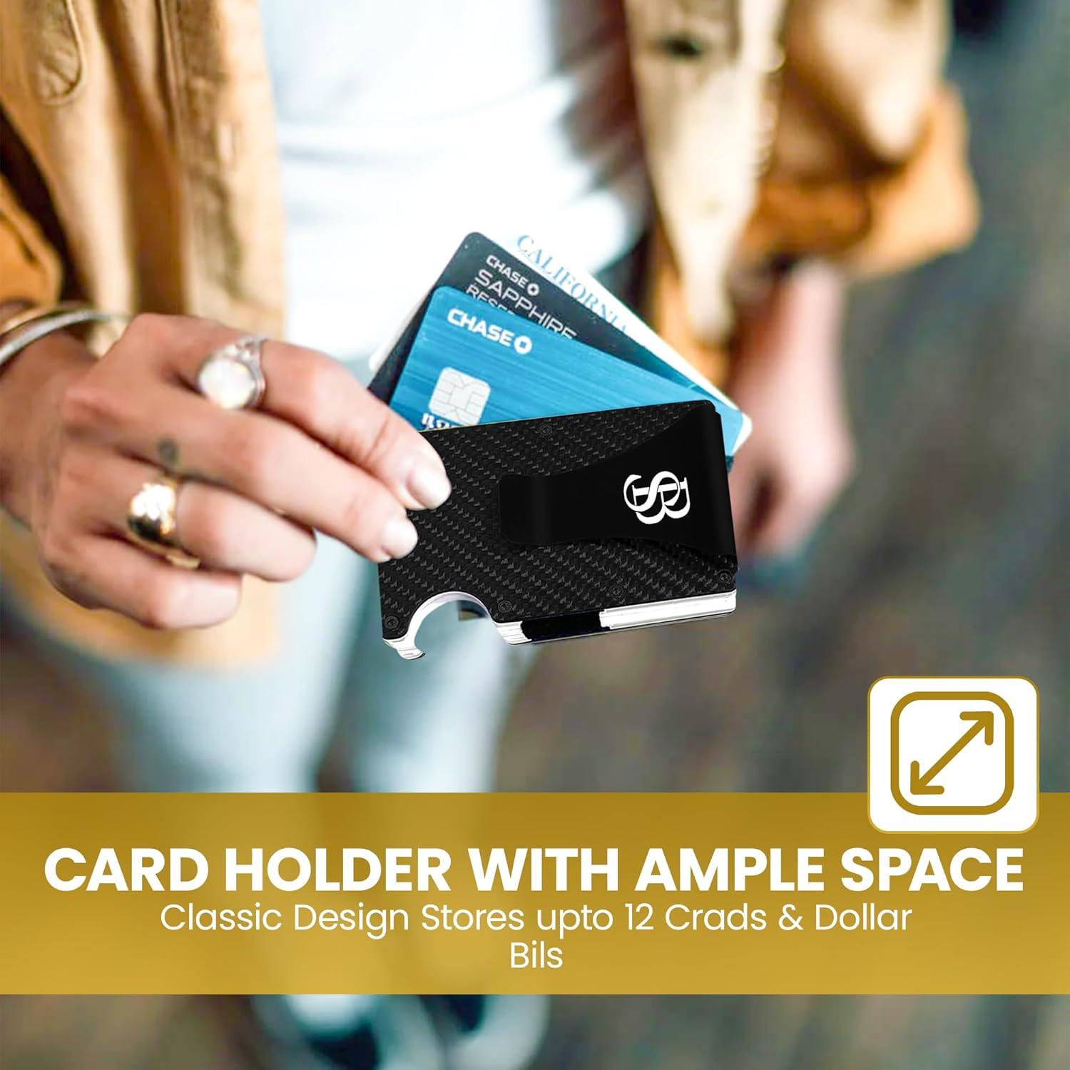 Carbon Fiber Wallet - Slim Wallet for Men with Cash & Credit Card Holder, RFID Blocking Technology, Minimalist Money Clip Holds Up to 12 Cards - Gifts for Him (Black)