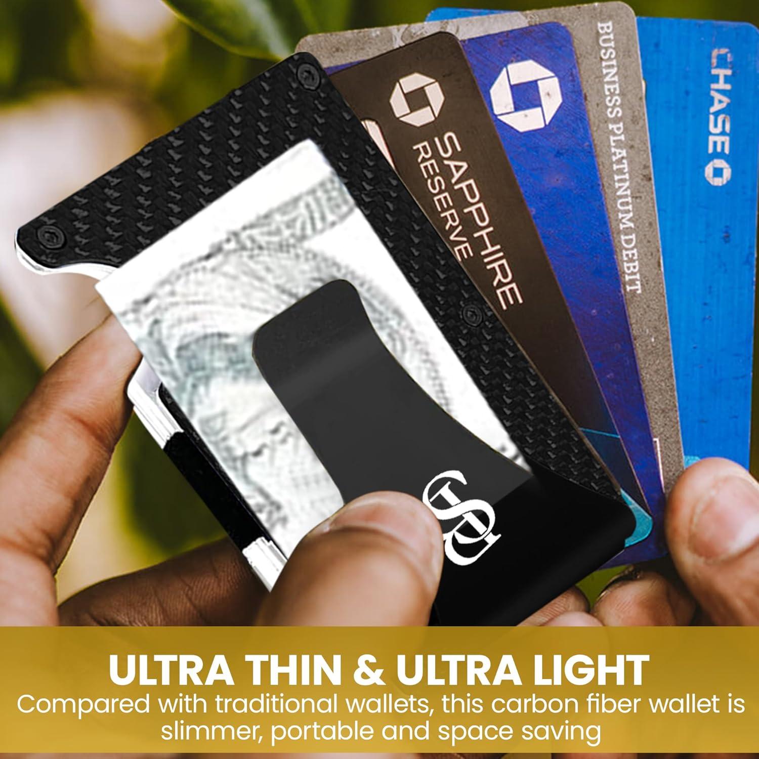 Carbon Fiber Wallet - Slim Wallet for Men with Cash & Credit Card Holder, RFID Blocking Technology, Minimalist Money Clip Holds Up to 12 Cards - Gifts for Him (Black)