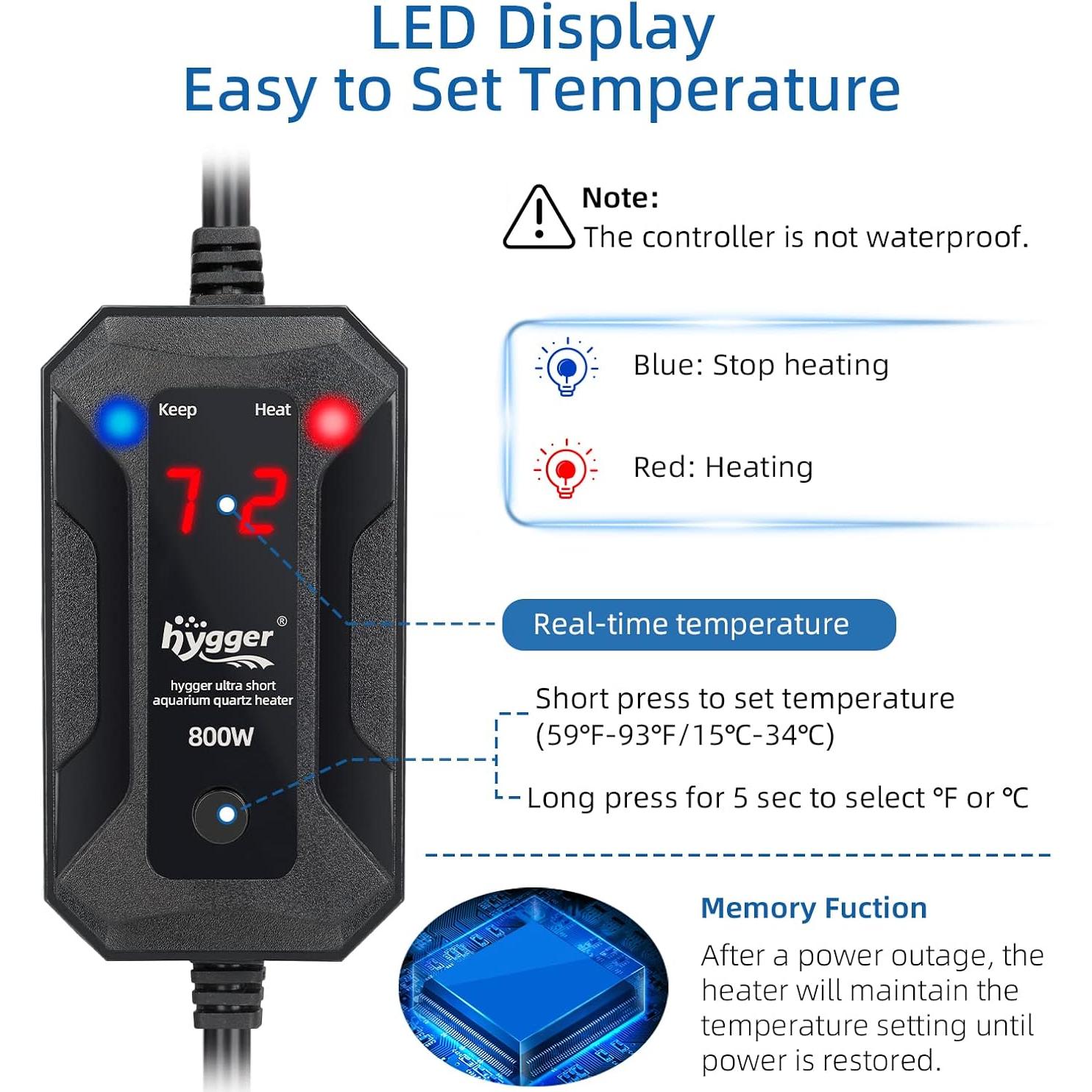 Calentador de Acuario Hygger 100W para 19-98 Litros