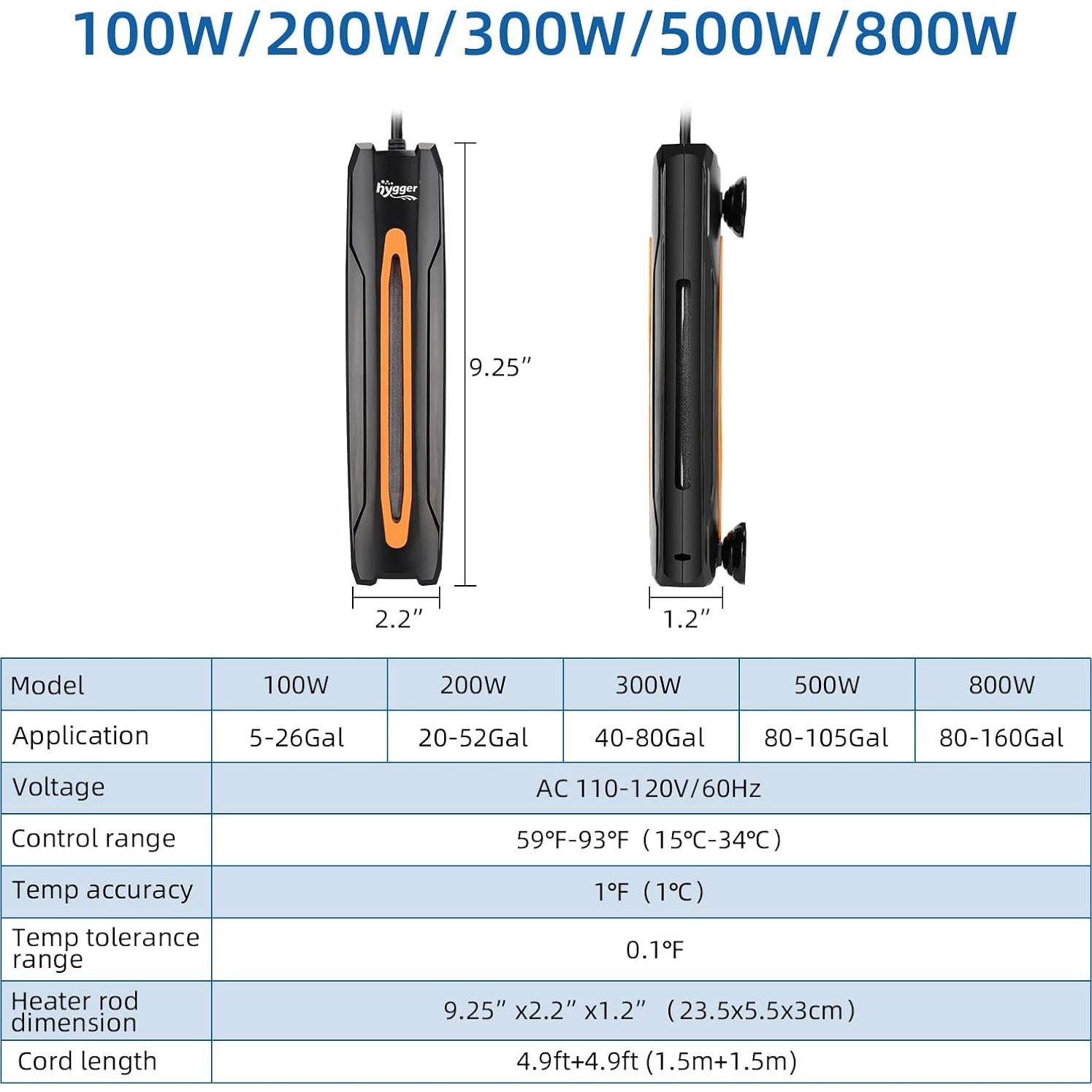 Calentador de Acuario Hygger 100W para 19-98 Litros