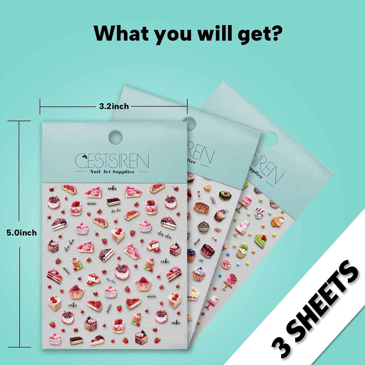 Adhesivos de Uñas Cestsiren 3 Hojas Postre 3D Colorido