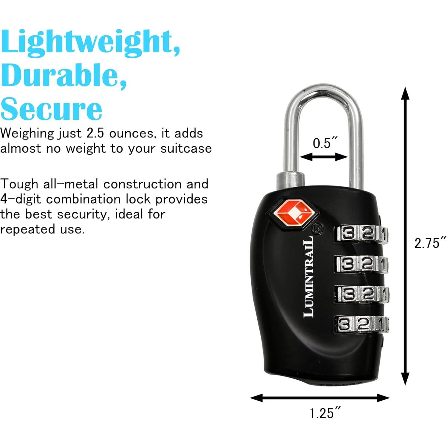 Candado de Combinación Lumintrail TSA 4 Dígitos con Cable 1.22m Negro