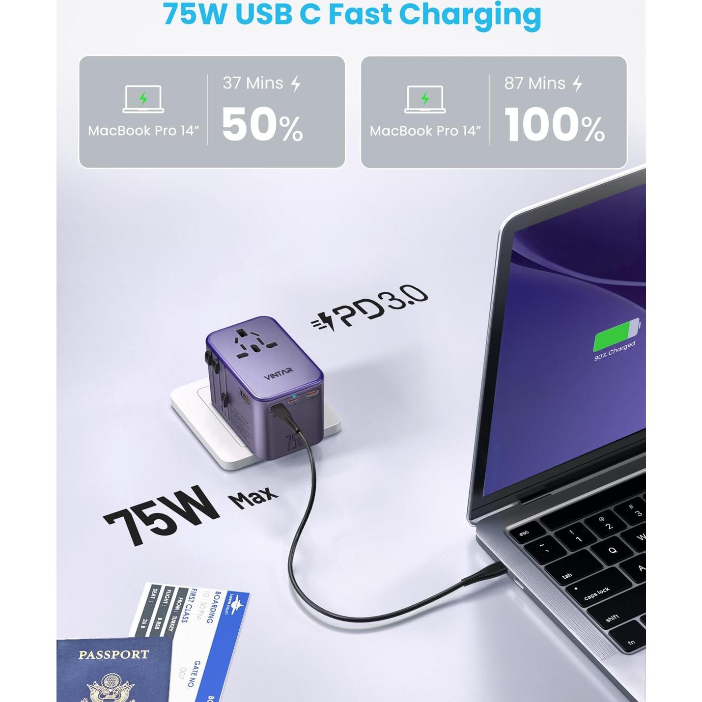 Adaptador de Viaje Universal VINTAR 75W con 5 Puertos USB