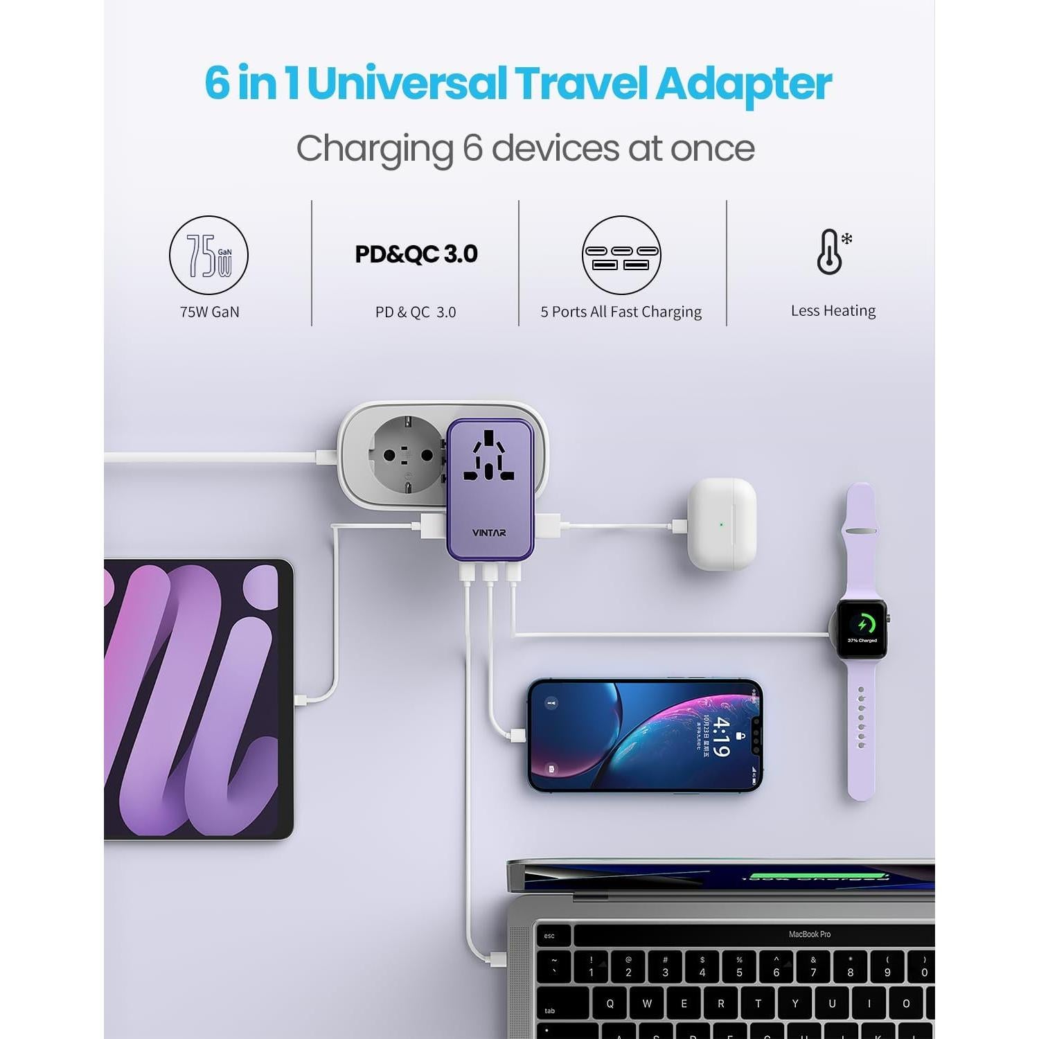 Adaptador de Viaje Universal VINTAR 75W con 5 Puertos USB