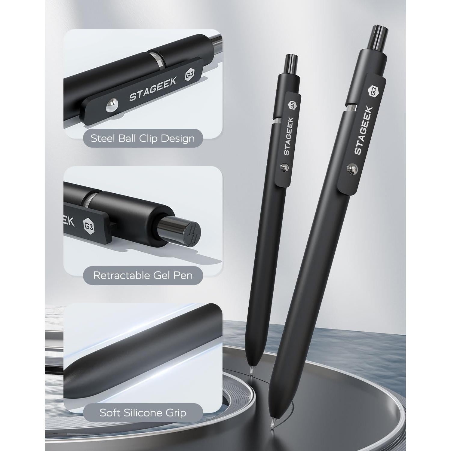 Bolígrafos de Gel STAGEEK 0.7mm Negros 12 Piezas con Recargas