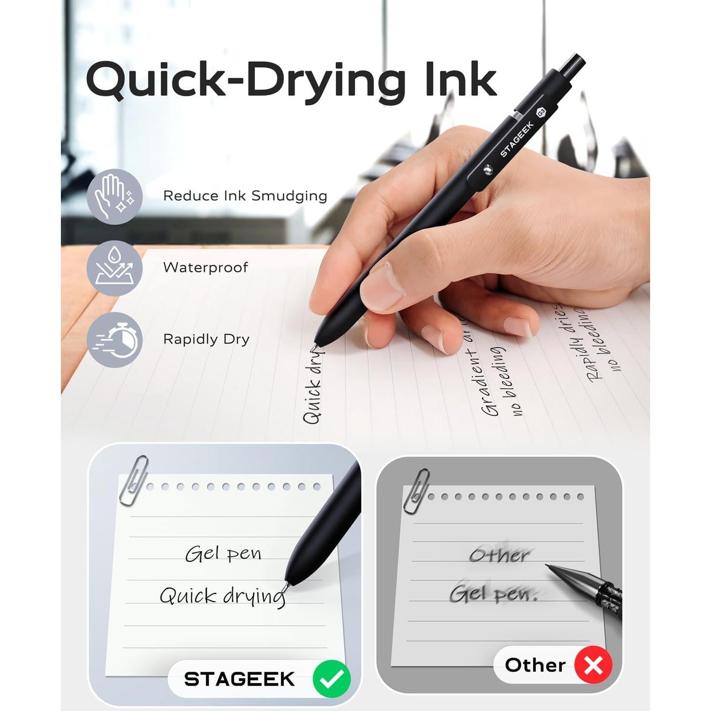 Bolígrafos de Gel STAGEEK 0.7mm Negros 12 Piezas con Recargas