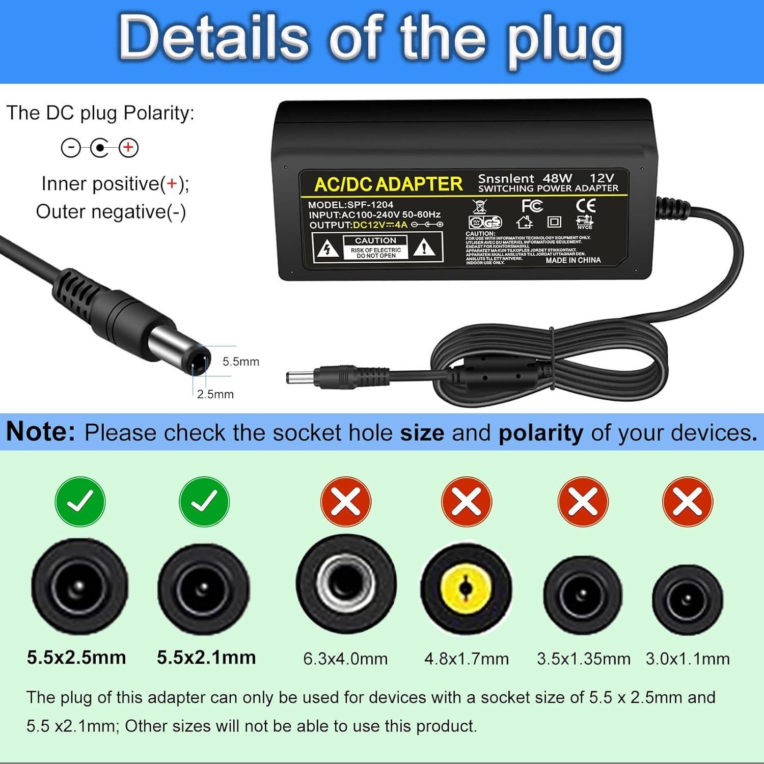Adaptador de Corriente AC 12V 4A Senshunshiye con Conector 5.5x2.5mm