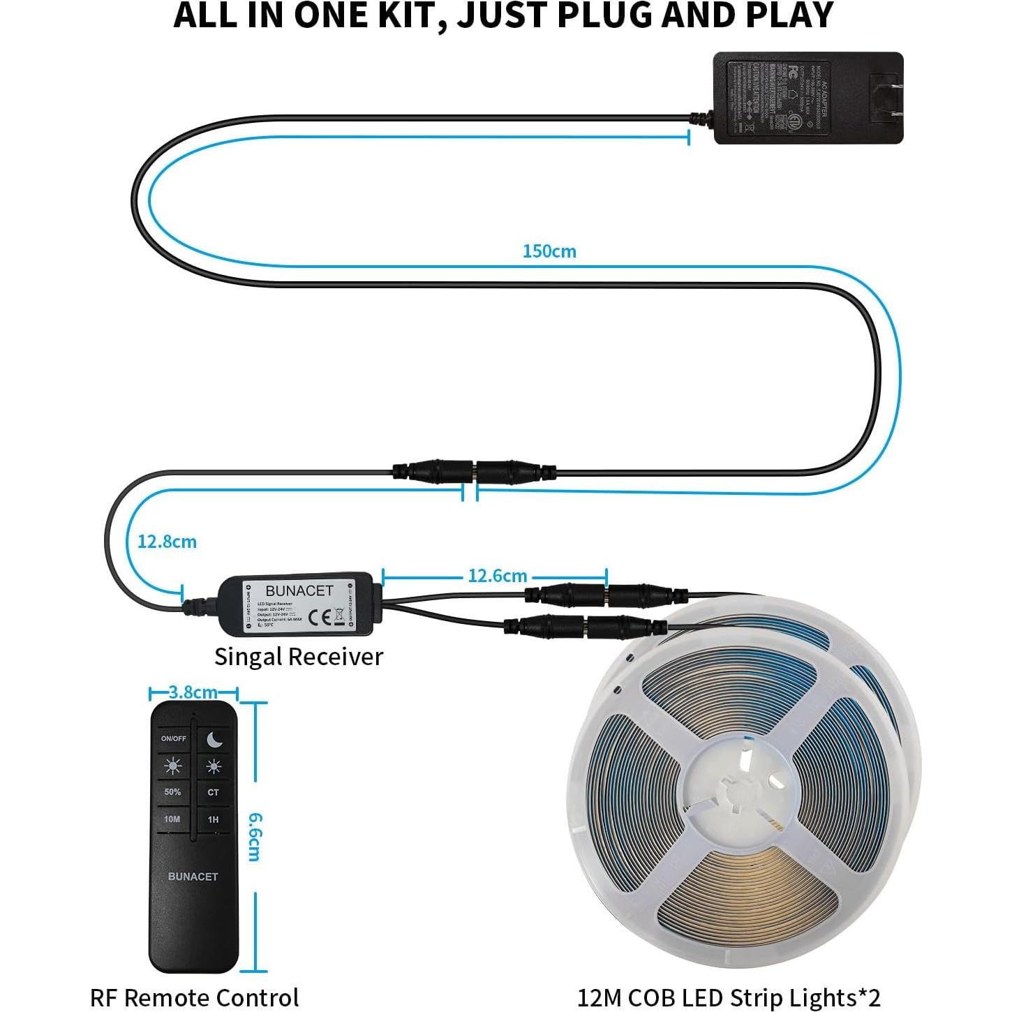 Tira de LED COB 24m BUNACET Regulable 6500K con Control Remoto
