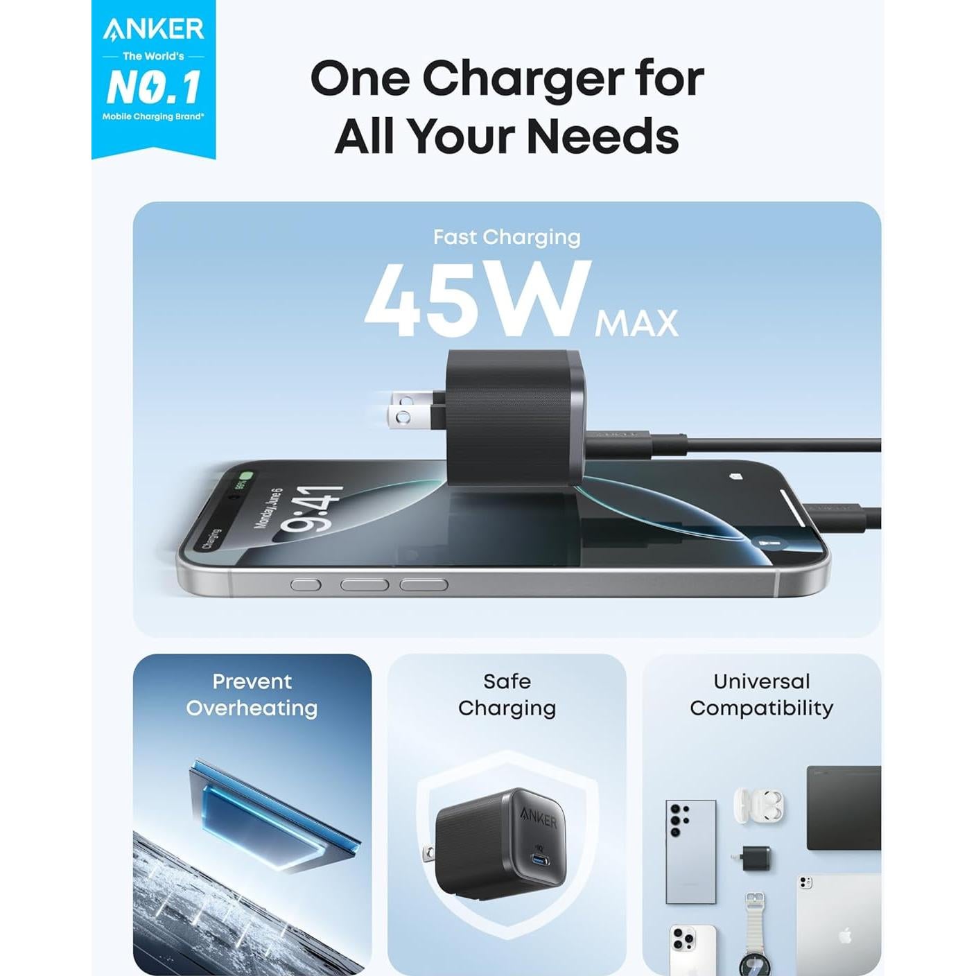 Cargador Anker Nano 45W USB-C Rápido con Cable 1.83m Negro