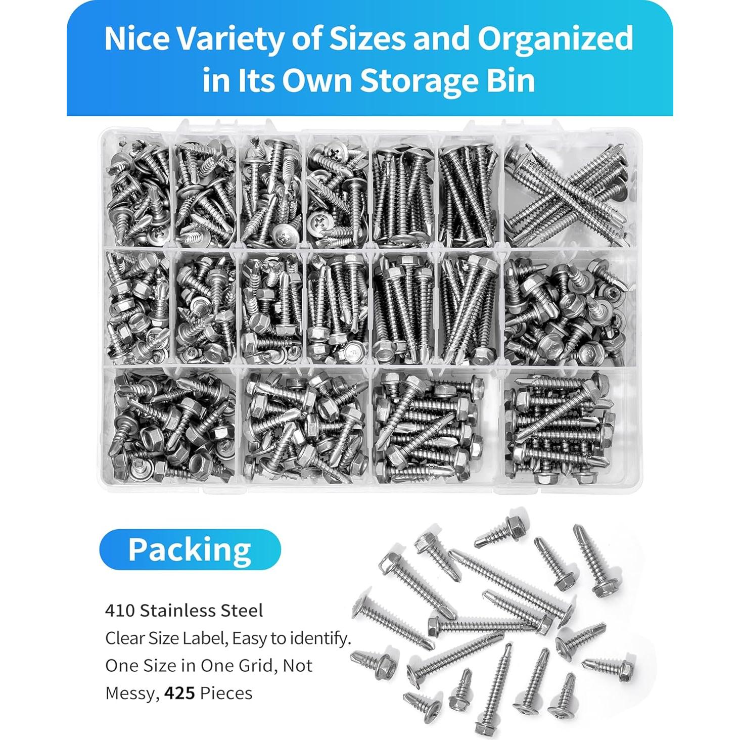 425 Tornillos Autoperforantes DIVANC Acero Inoxidable Plata