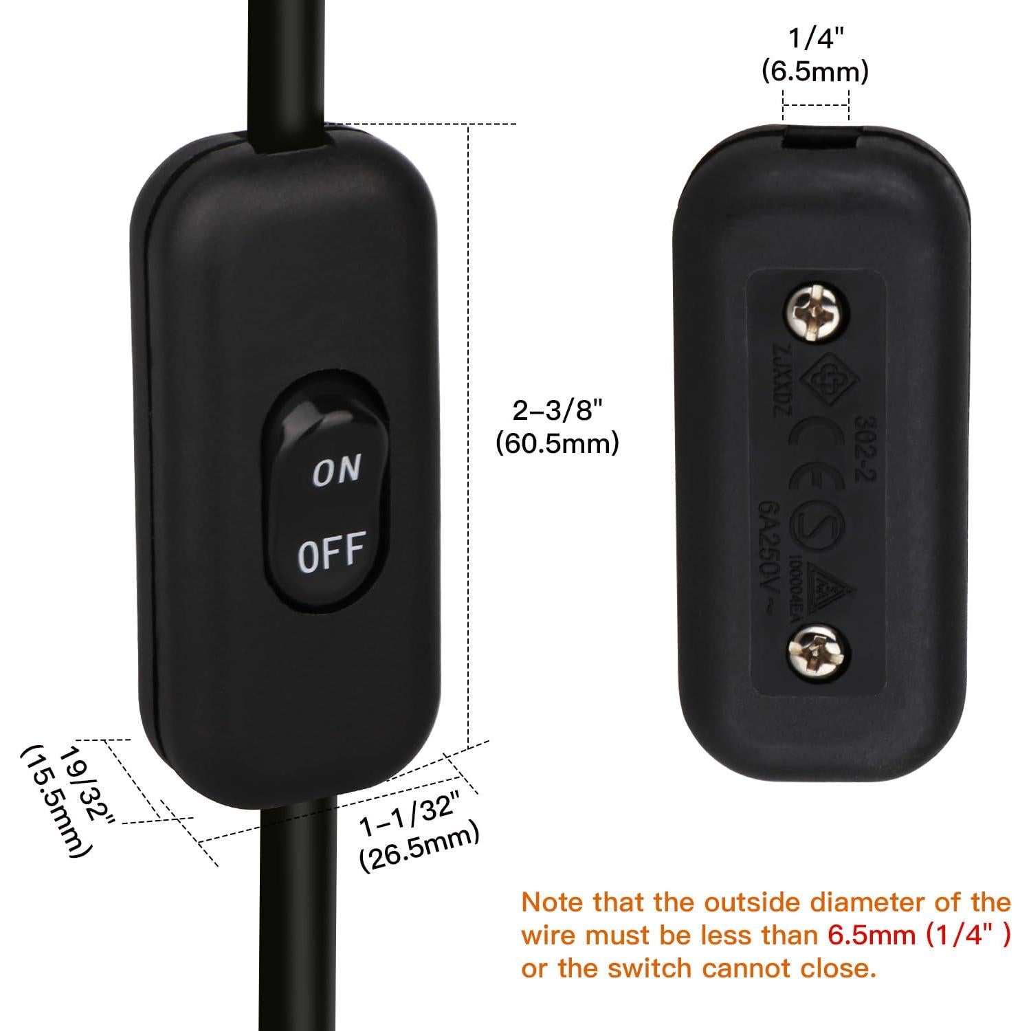 Interruptor en línea Helunsi 2 Pcs ON/OFF Negro 6A 250V