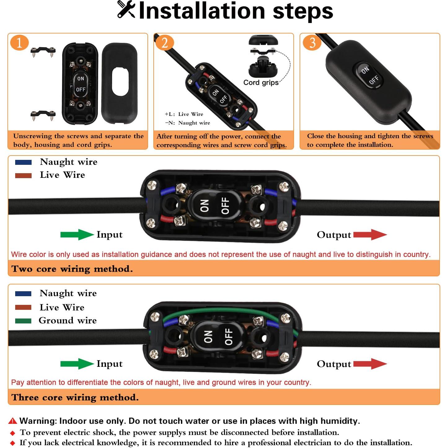 Interruptor en línea Helunsi 2 Pcs ON/OFF Negro 6A 250V
