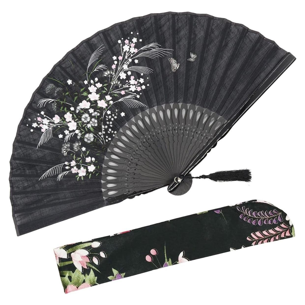 Abanico Plegable OMyTea Negro de Bambú y Seda 21x38cm