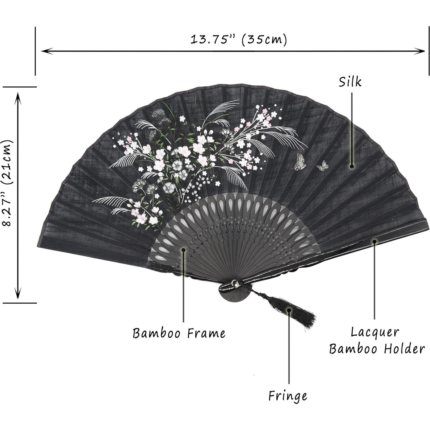 Abanico Plegable OMyTea Negro de Bambú y Seda 21x38cm