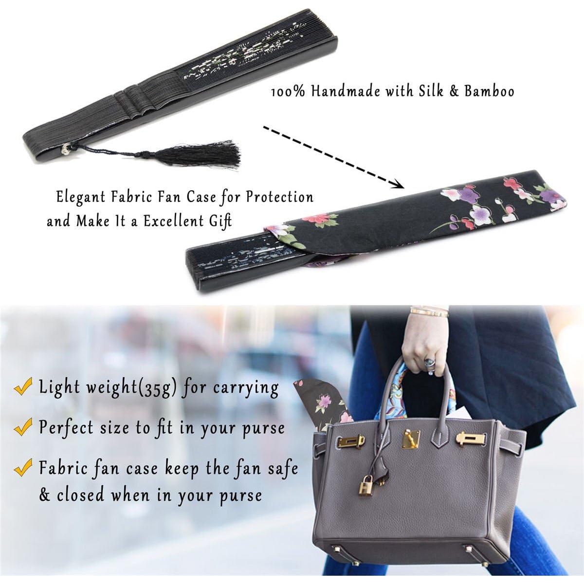 Abanico Plegable OMyTea Negro de Bambú y Seda 21x38cm