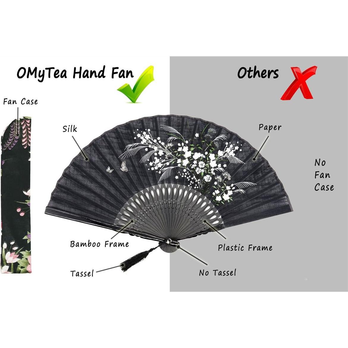 Abanico Plegable OMyTea Negro de Bambú y Seda 21x38cm