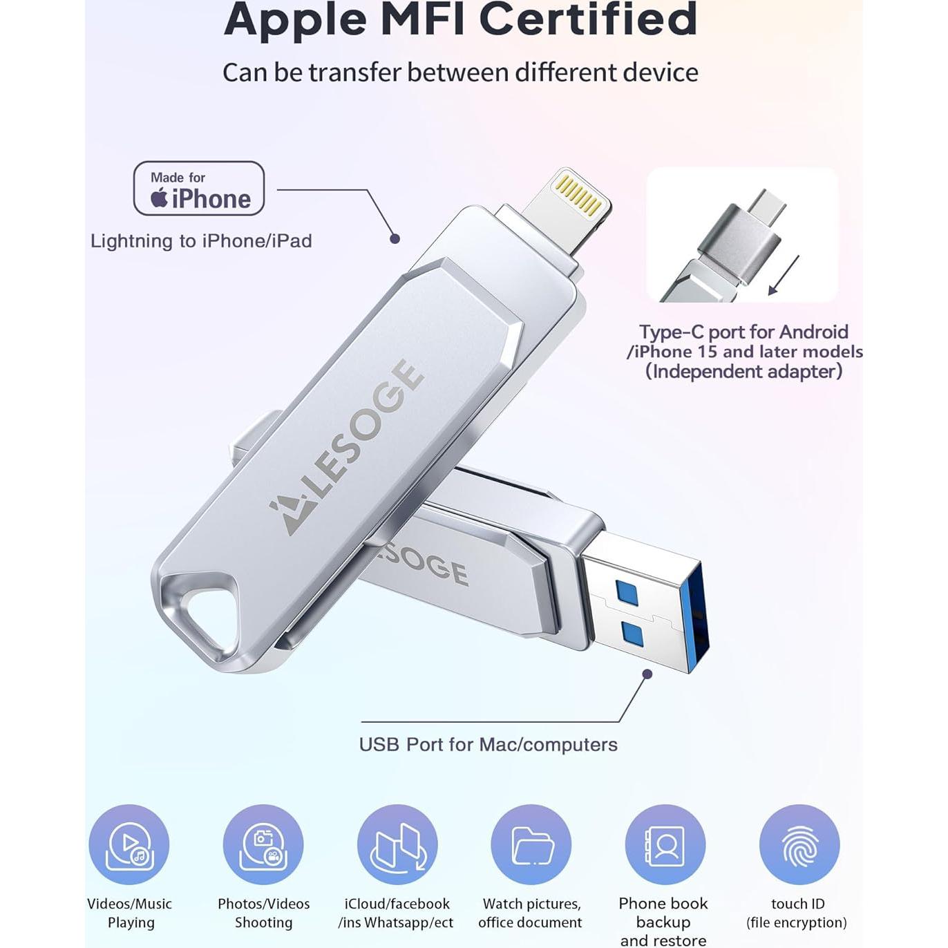 Unidad Flash USB 128GB LESOGE MFi para iPhone y Android