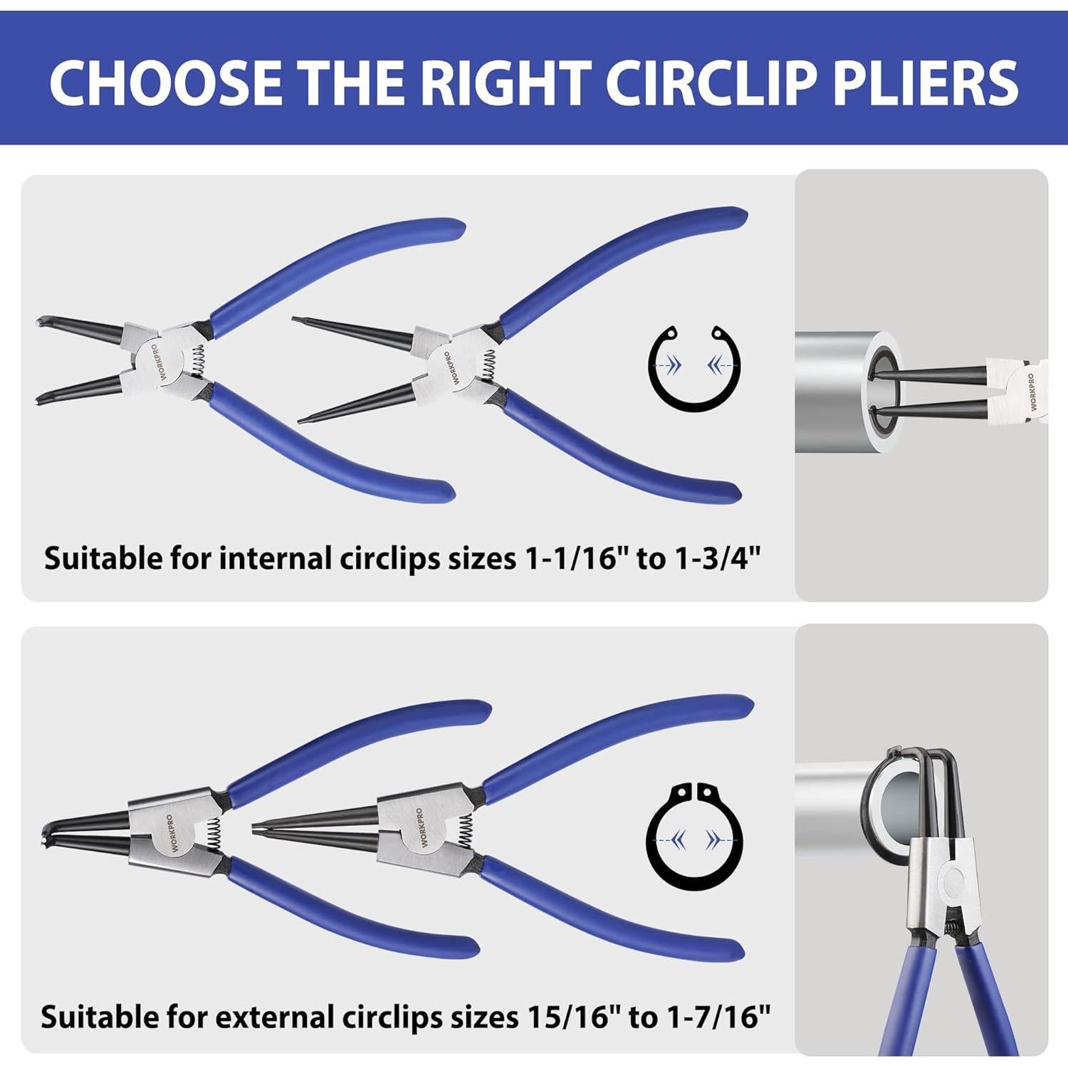 WORKPRO 4-Piece Snap Ring Pliers Set, 7-Inch Internal and External Circlip Pliers Kit with Straight and Bent Jaw, For Ring Remover Retaining, Storage Pouch Included, Father's Day Gifts