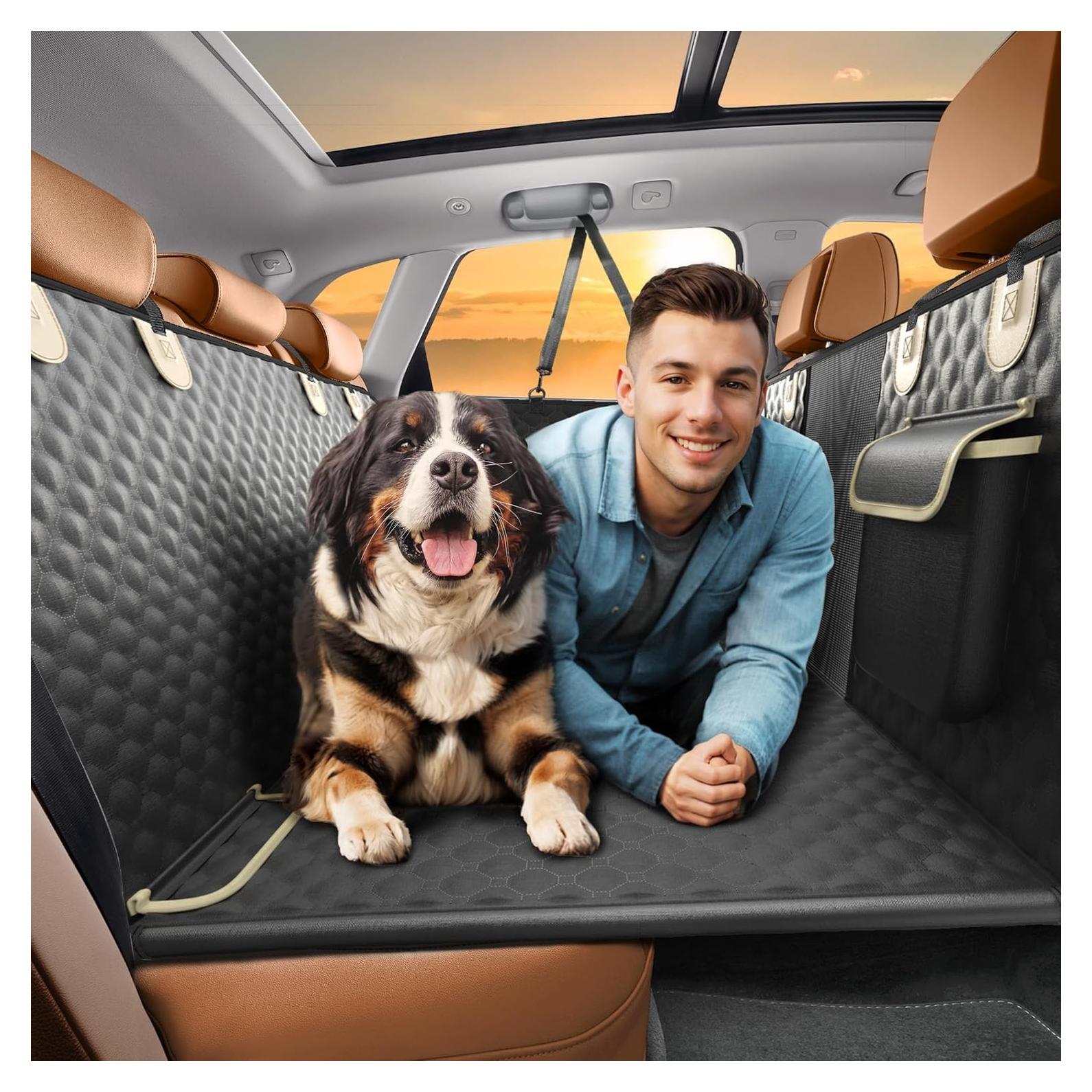 SHARLOVY Back Seat Extender for Dogs, Heavy Duty Dog Car Seat Cover for Back Seat and Aggressive Chewer, Large Hard Bottom Seat Cover for Dogs, Dog Hammock for Car, Travel Pet Bed for Car, SUV, Truck