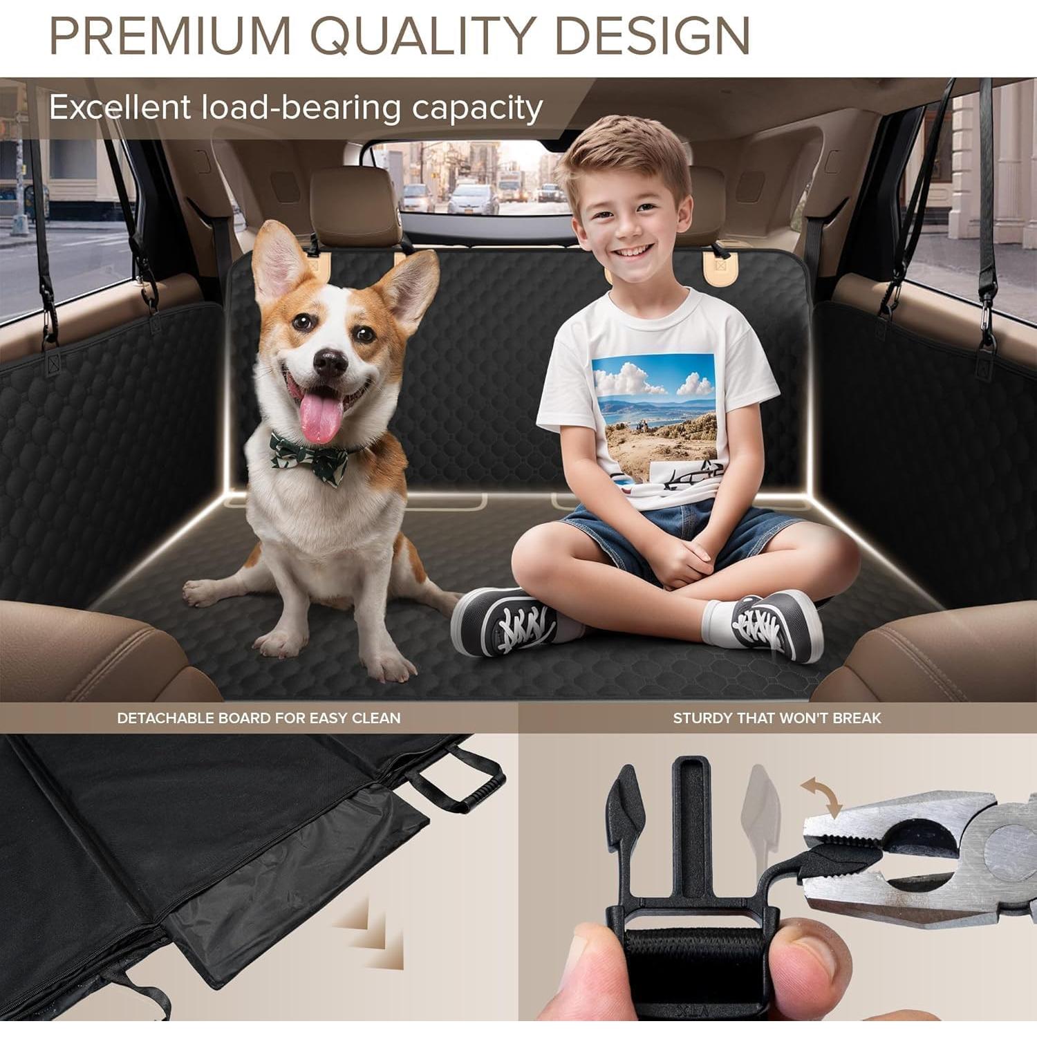 SHARLOVY Back Seat Extender for Dogs, Heavy Duty Dog Car Seat Cover for Back Seat and Aggressive Chewer, Large Hard Bottom Seat Cover for Dogs, Dog Hammock for Car, Travel Pet Bed for Car, SUV, Truck
