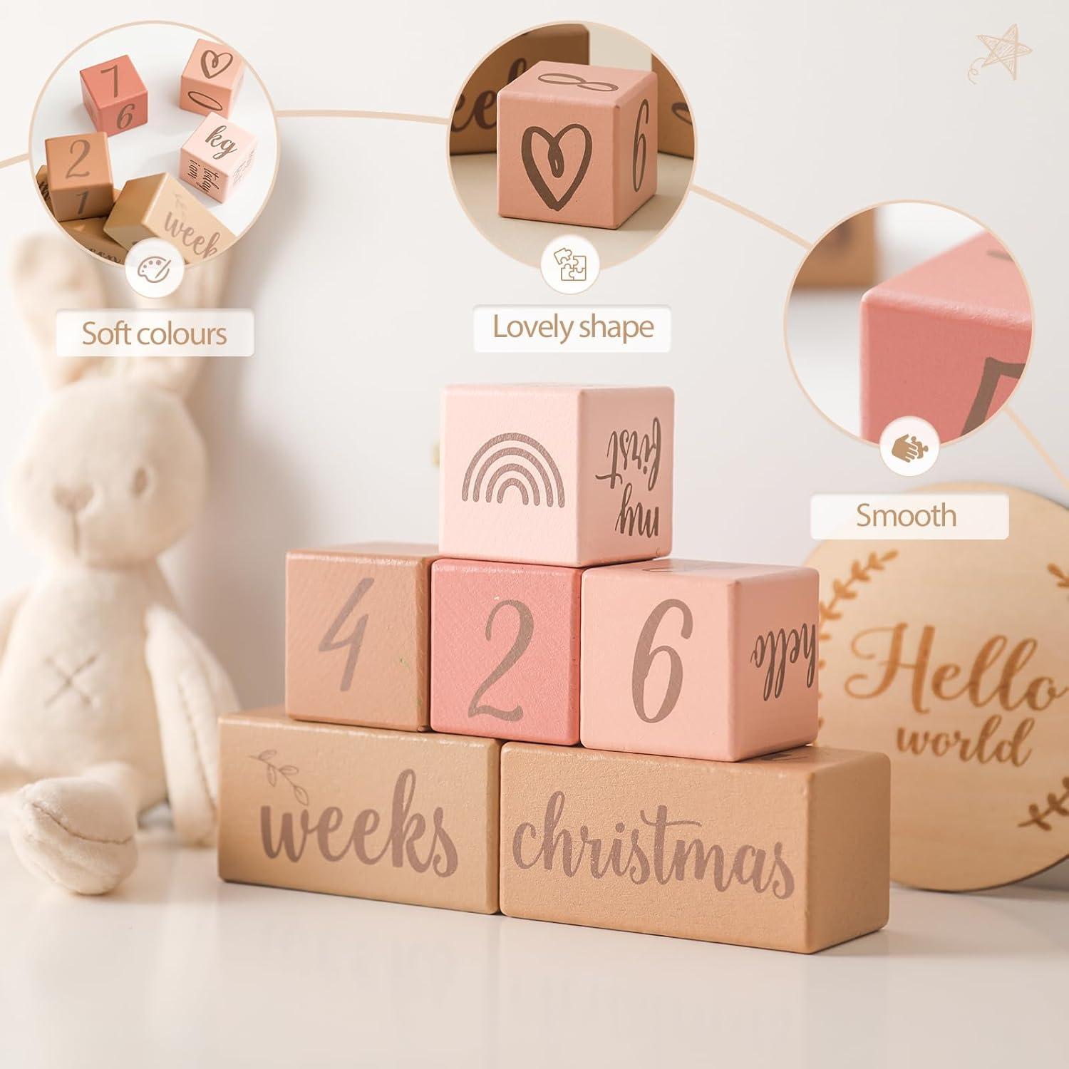 Juego de bloques de hitos mensuales para bebés - Rosa - 6 piezas