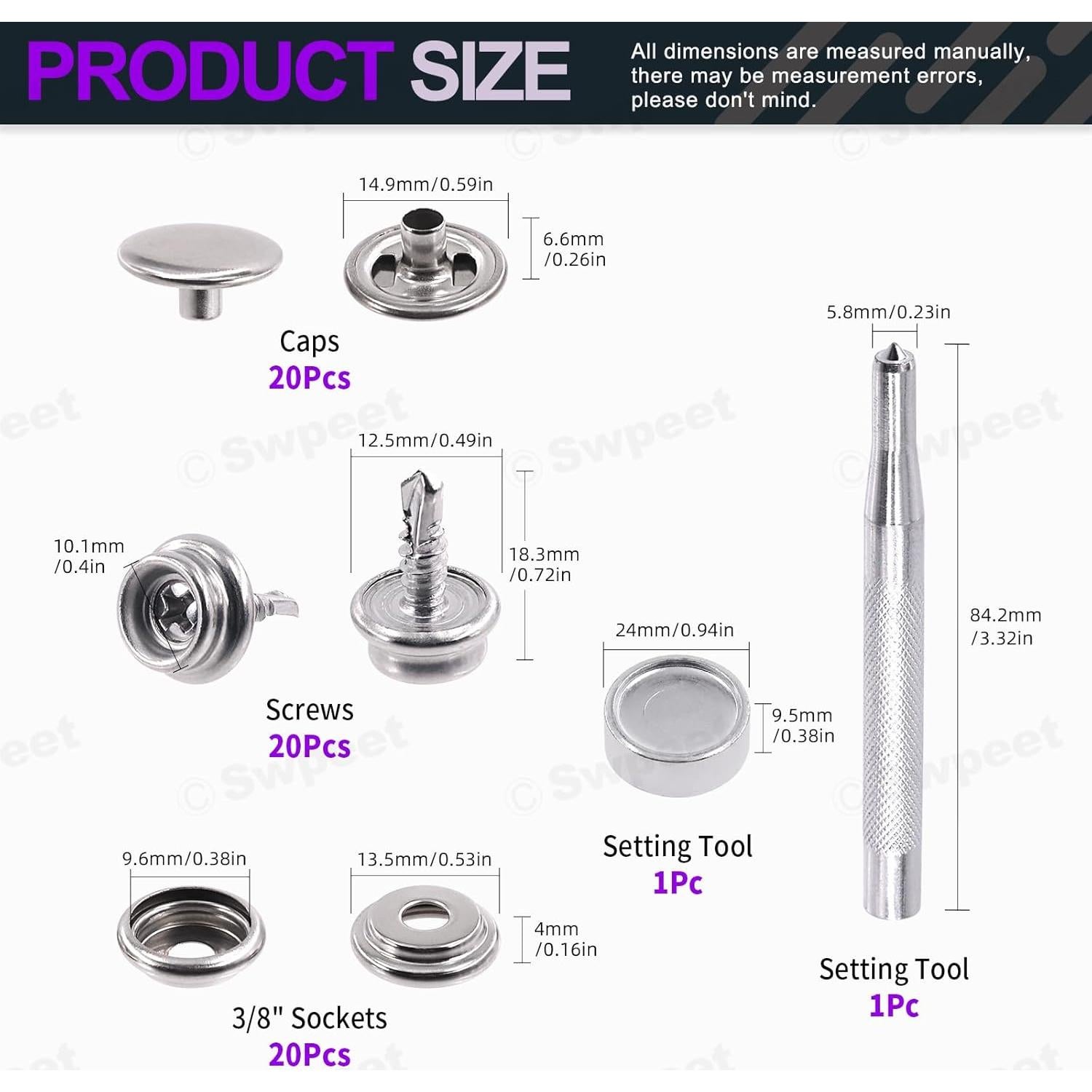 Kit de Botones a Presión Swpeet 62Pcs Acero Inoxidable Marino