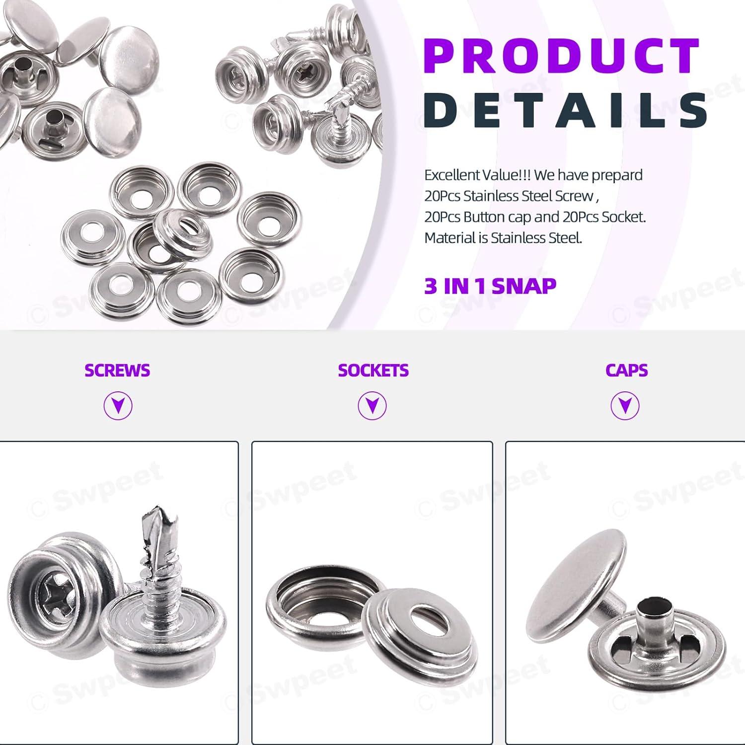 Kit de Botones a Presión Swpeet 62Pcs Acero Inoxidable Marino