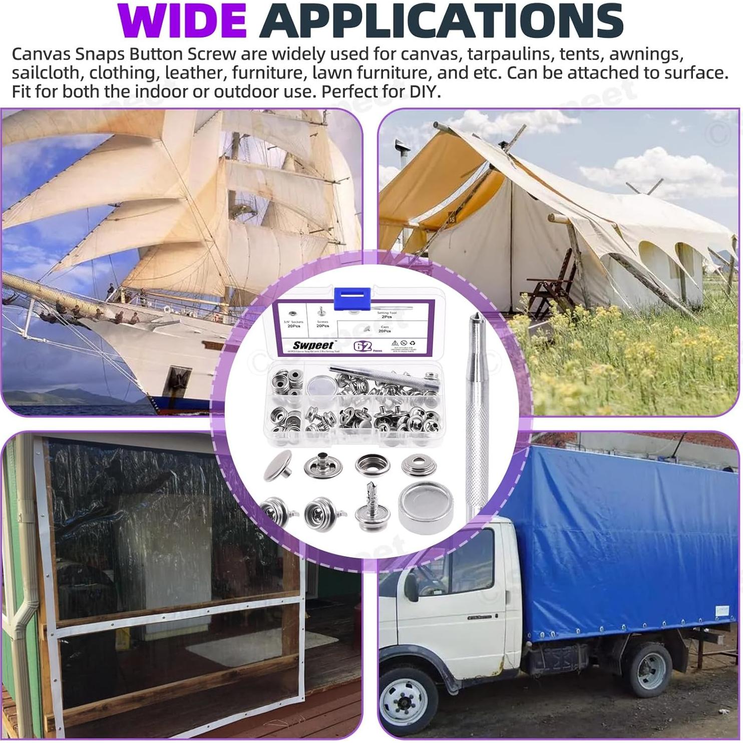 Kit de Botones a Presión Swpeet 62Pcs Acero Inoxidable Marino