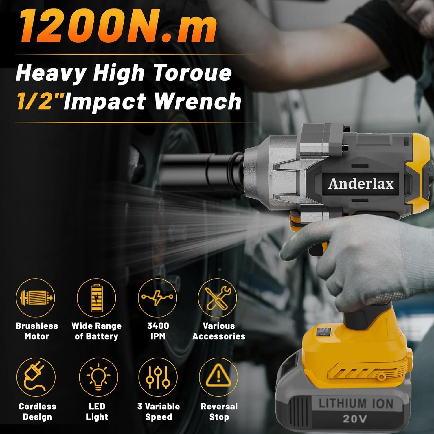 Llave de impacto inalámbrica 1/2" Anderlax 1200N.m 2400RPM