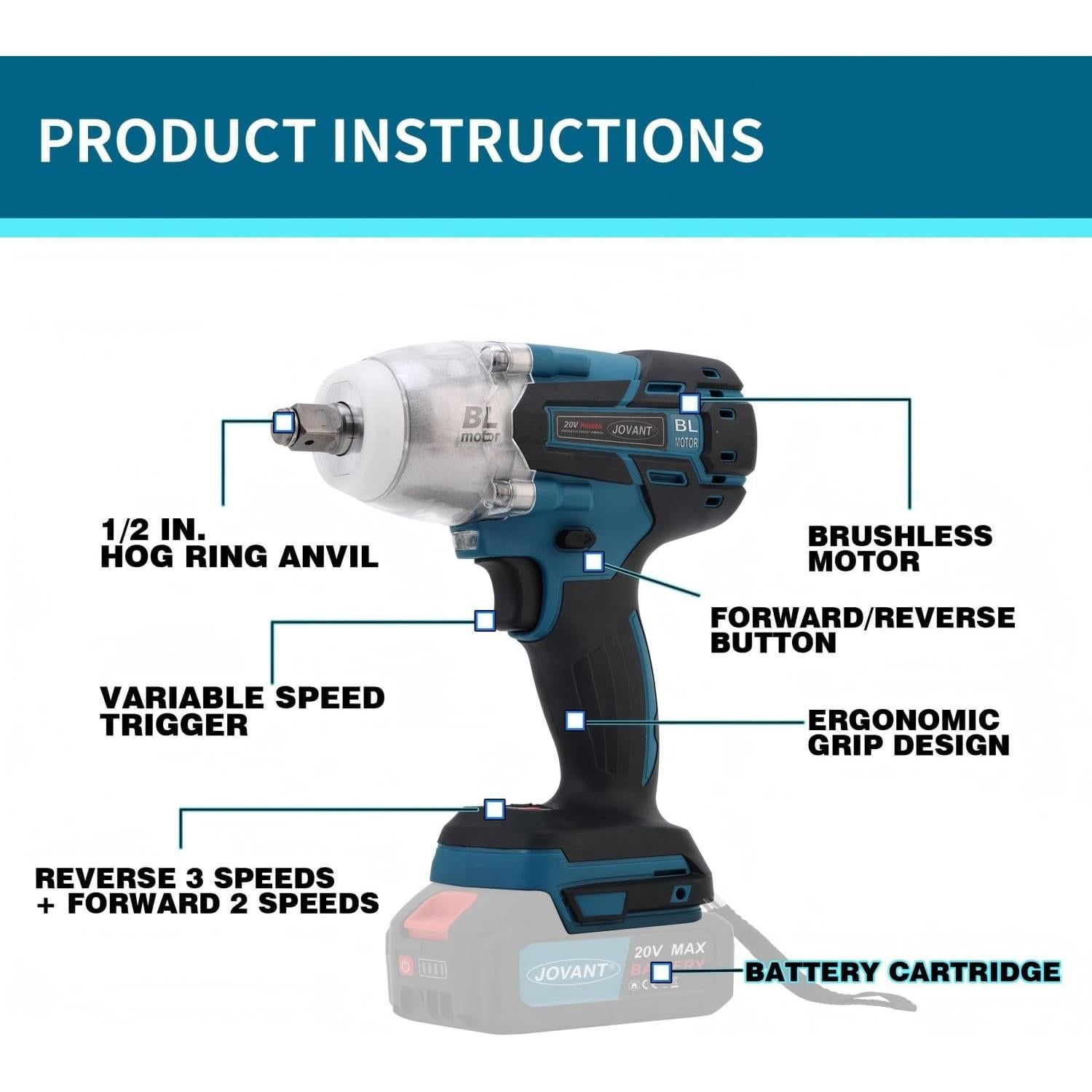 Llave de Impacto Inalámbrica JOVANT 20V 737 Pies Libras 5 Modos