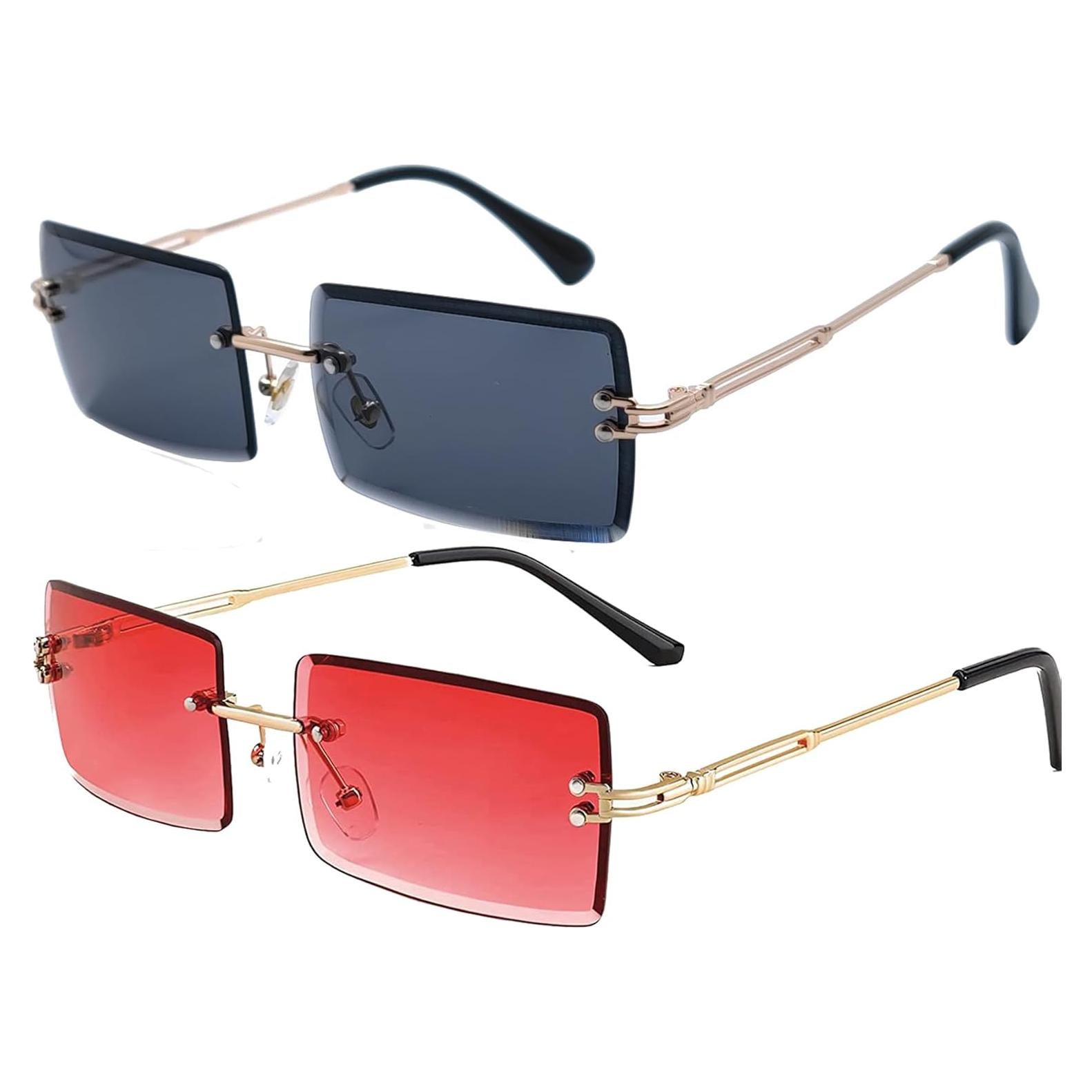 Gafas de sol rectangulares retro sin montura con lentes verdes