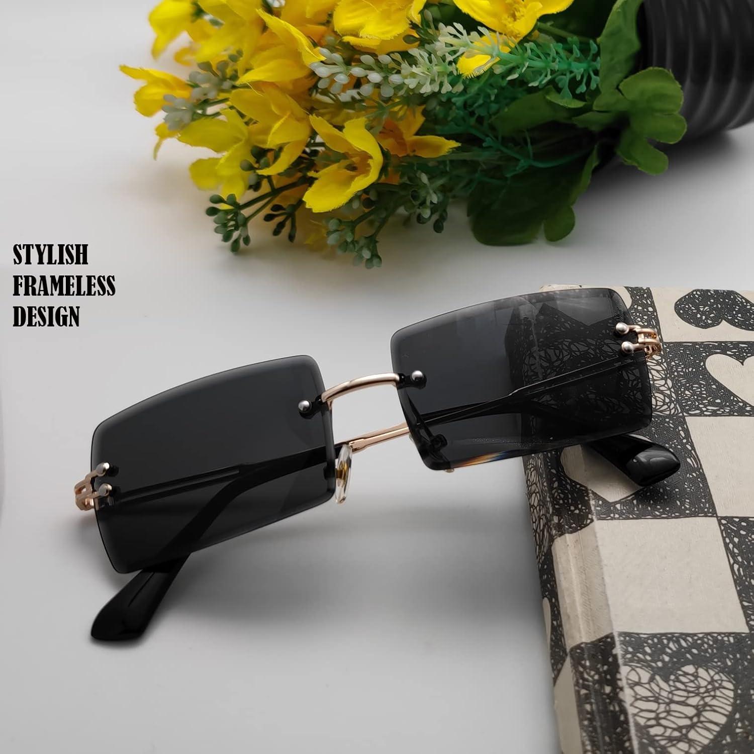 Gafas de sol rectangulares retro sin montura con lentes verdes