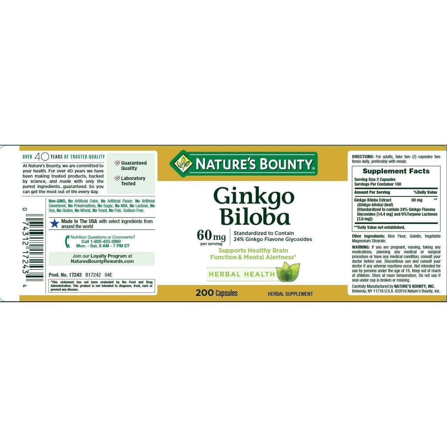 Cápsulas de Ginkgo Biloba Nature's Bounty 60mg 200 Conteo